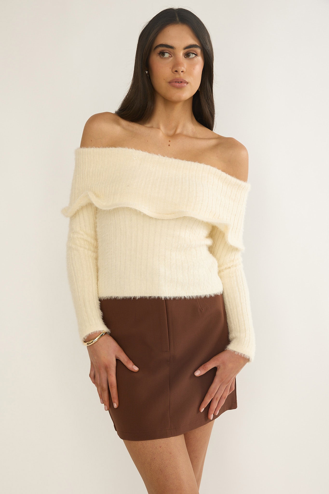 Orielle Wide Ruffle Off-Shoulder Top Cream by Selfie Leslie Australia