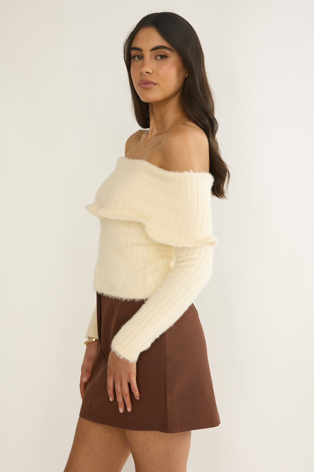 Orielle Wide Ruffle Off-Shoulder Top Cream by Selfie Leslie Australia