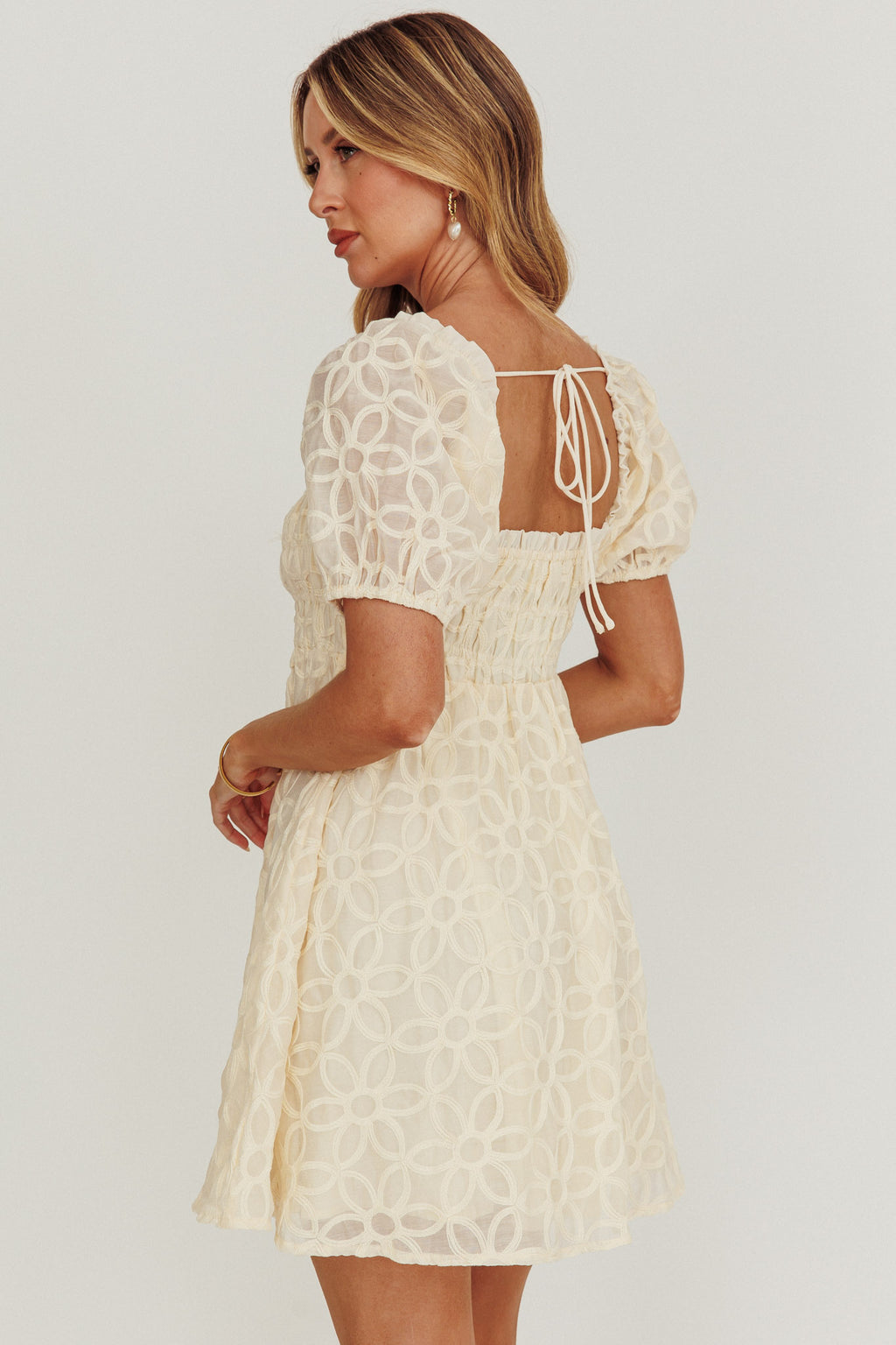 Dandelions Puff Sleeves A-Line Mini Dress Cream by Selfie Leslie Australia