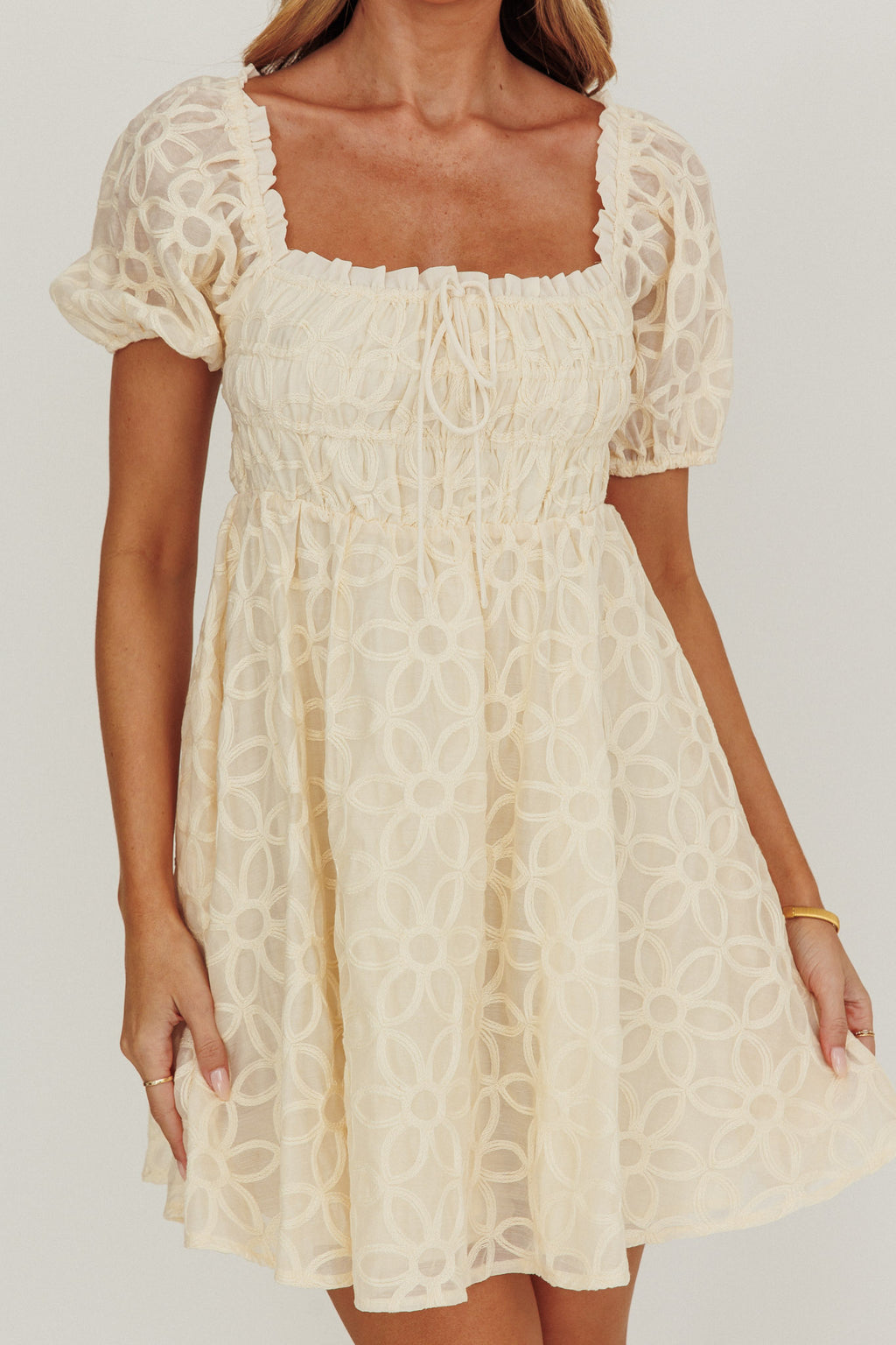 Dandelions Puff Sleeves A-Line Mini Dress Cream by Selfie Leslie Australia