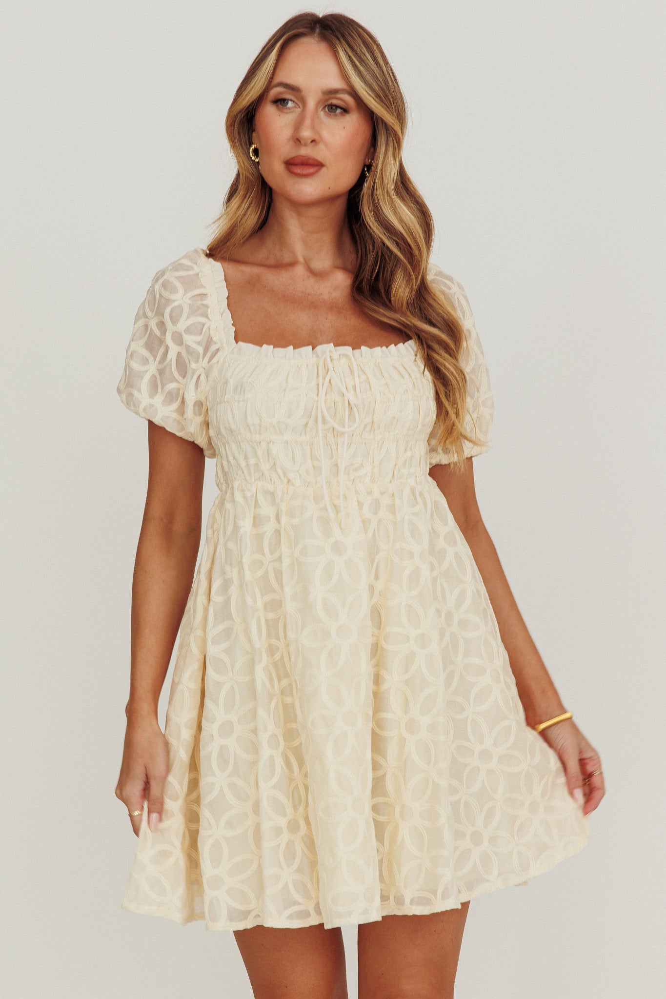 Dandelions Puff Sleeves A-Line Mini Dress Cream by Selfie Leslie Australia