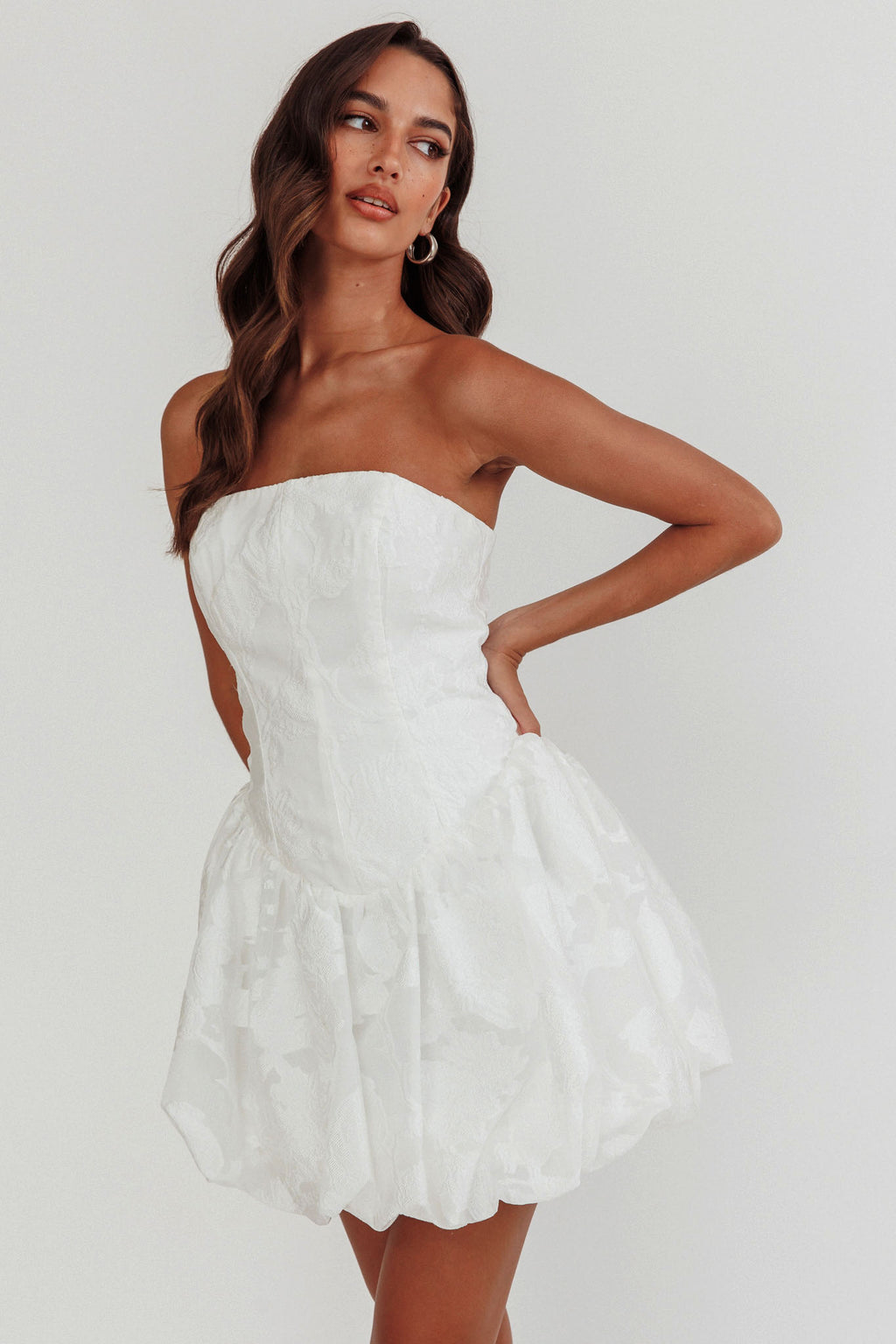 Monti Strapless Bubble Hem Mini Dress Embroidered White by Selfie Leslie Australia