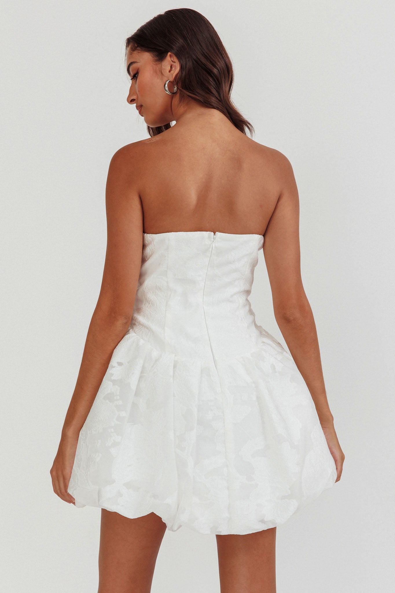 Monti Strapless Bubble Hem Mini Dress Embroidered White by Selfie Leslie Australia