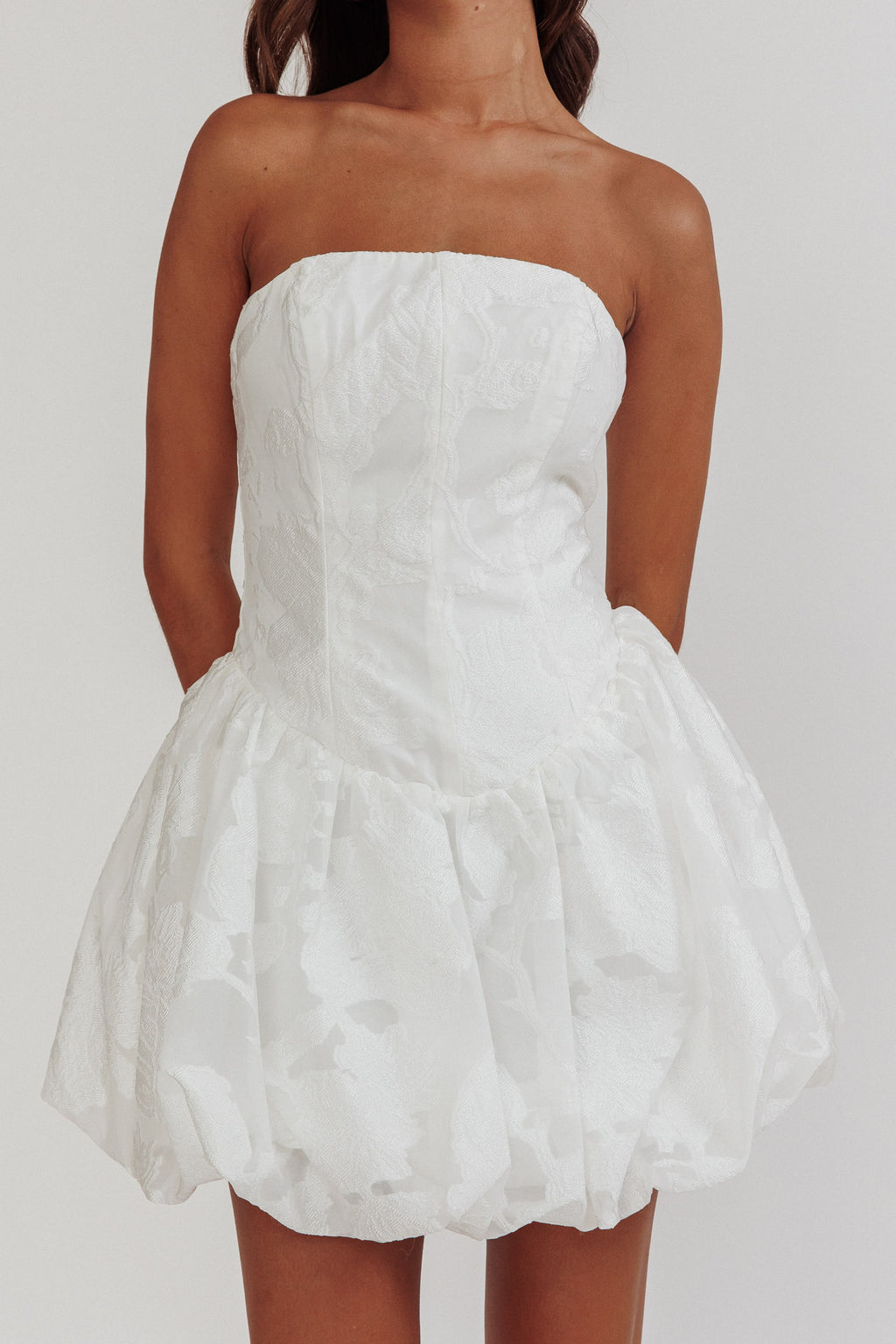 Monti Strapless Bubble Hem Mini Dress Embroidered White by Selfie Leslie Australia