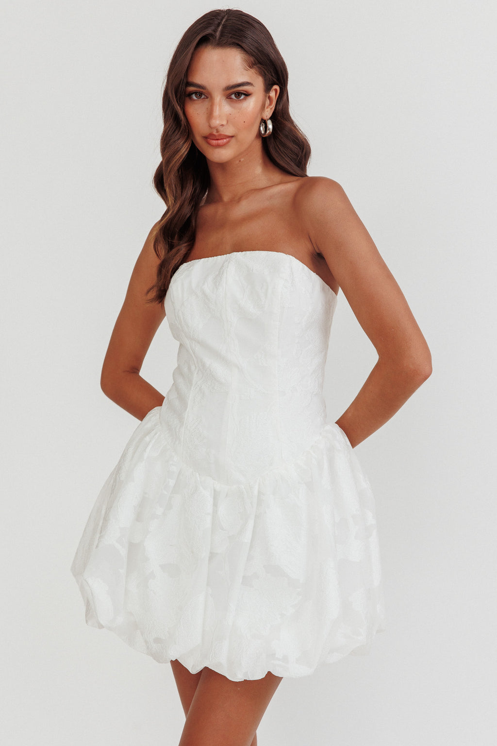 Monti Strapless Bubble Hem Mini Dress Embroidered White by Selfie Leslie Australia