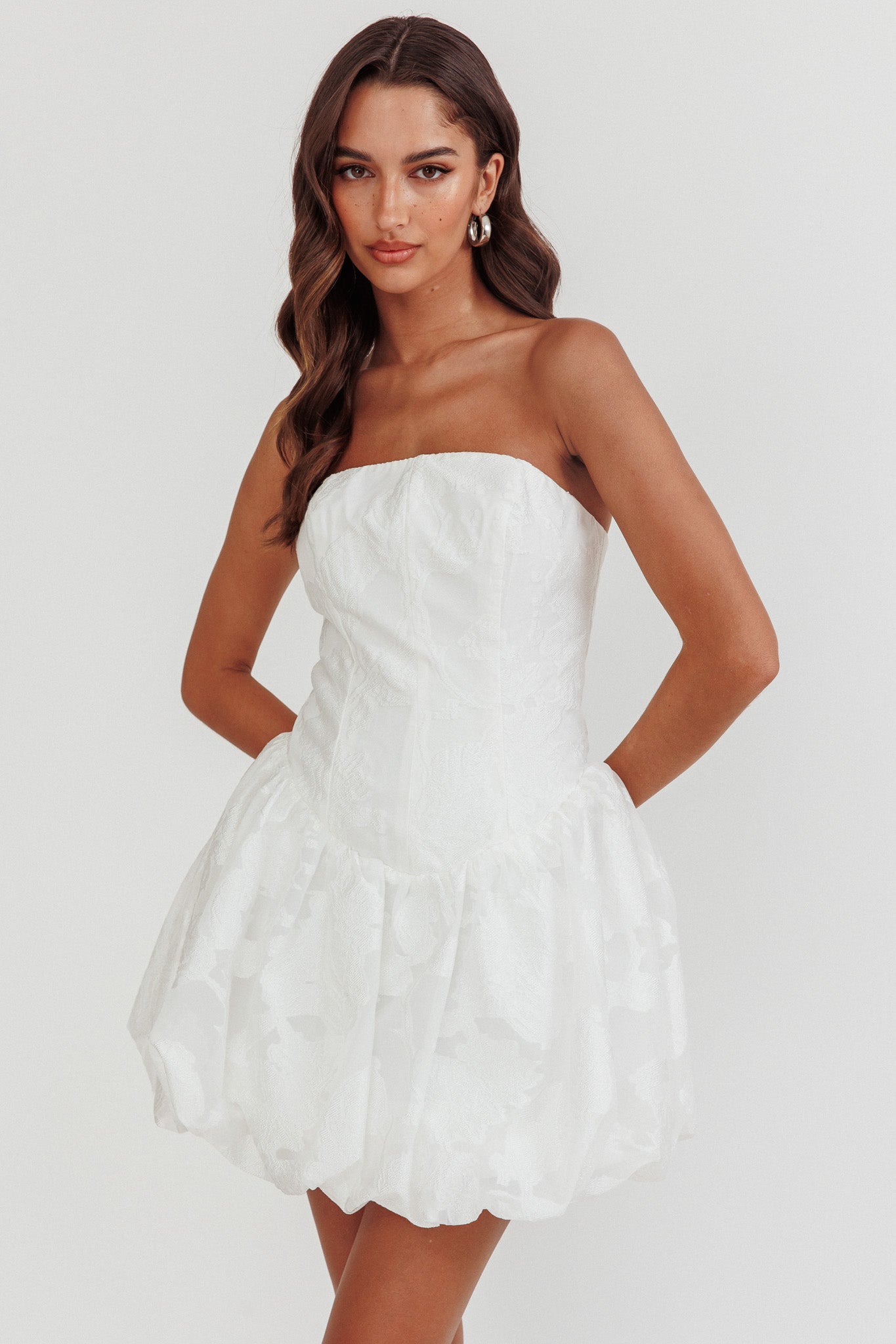 Monti Strapless Bubble Hem Mini Dress Embroidered White by Selfie Leslie Australia