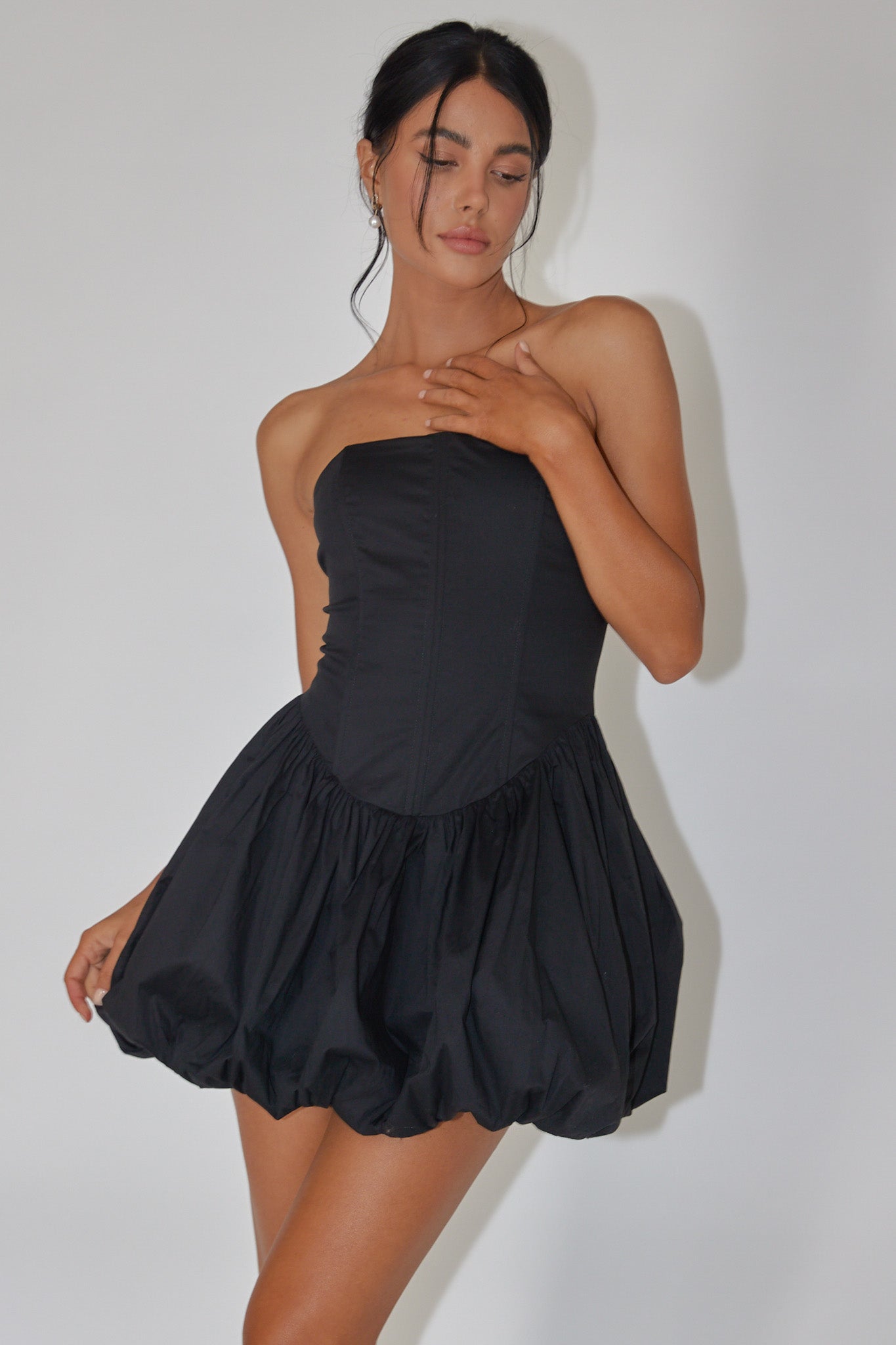 Monti Strapless Bubble Hem Mini Dress Black by Selfie Leslie Australia
