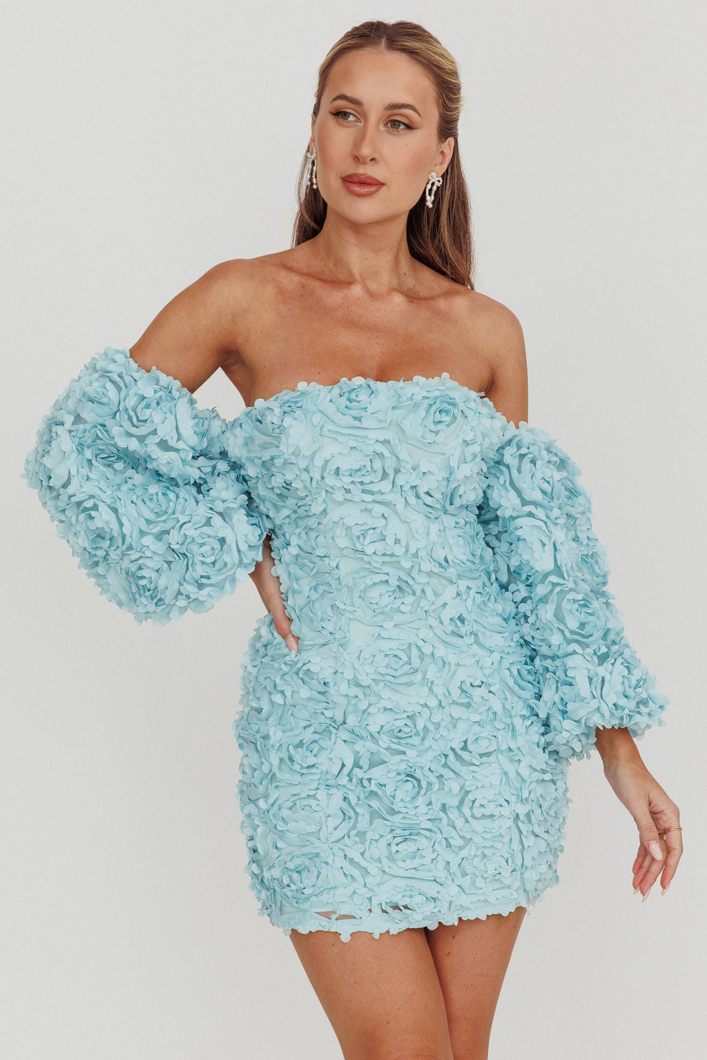 Vive La Rose Off-Shoulder Floral Mini Dress Baby Blue by Selfie Leslie Australia