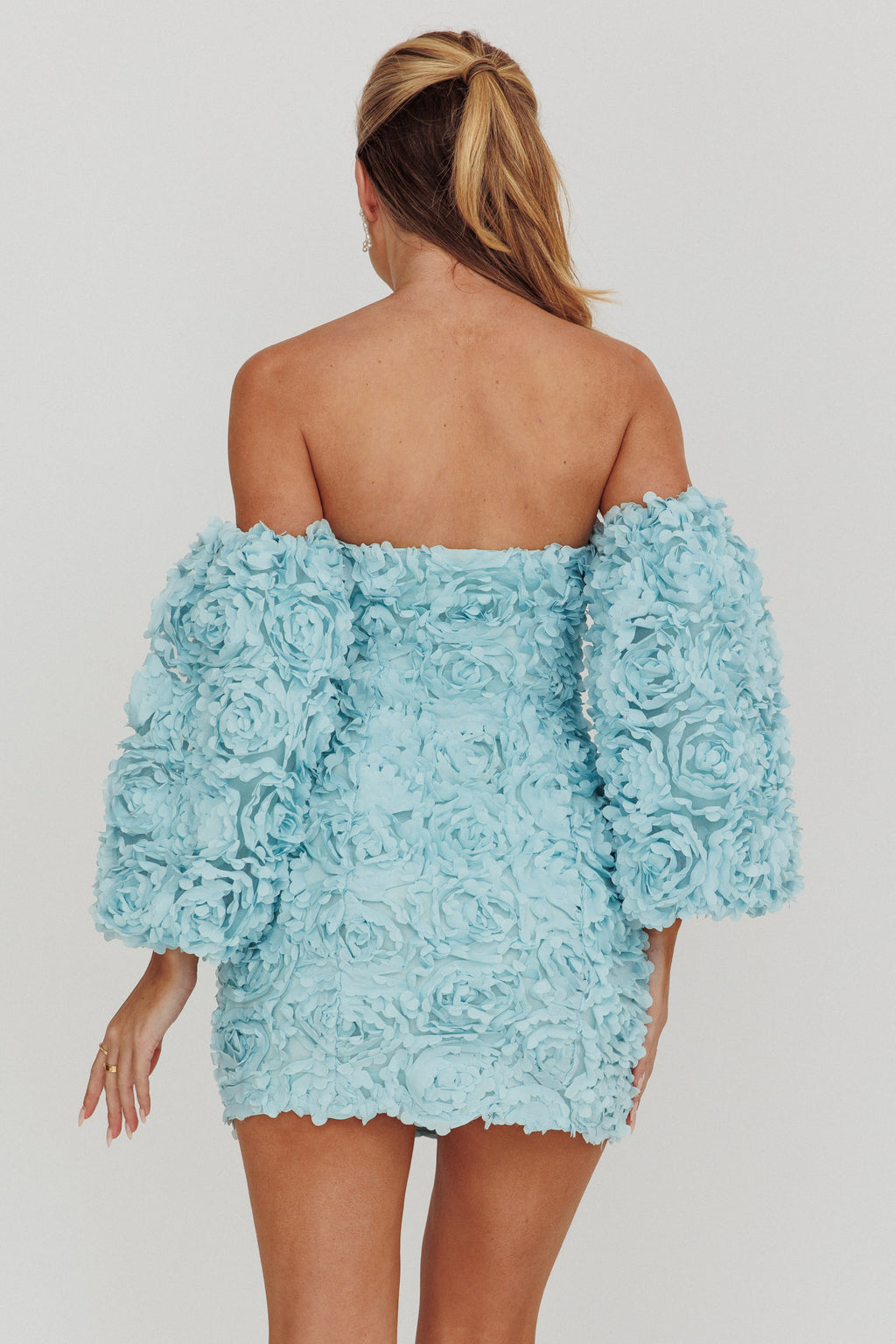 Vive La Rose Off-Shoulder Floral Mini Dress Baby Blue by Selfie Leslie Australia