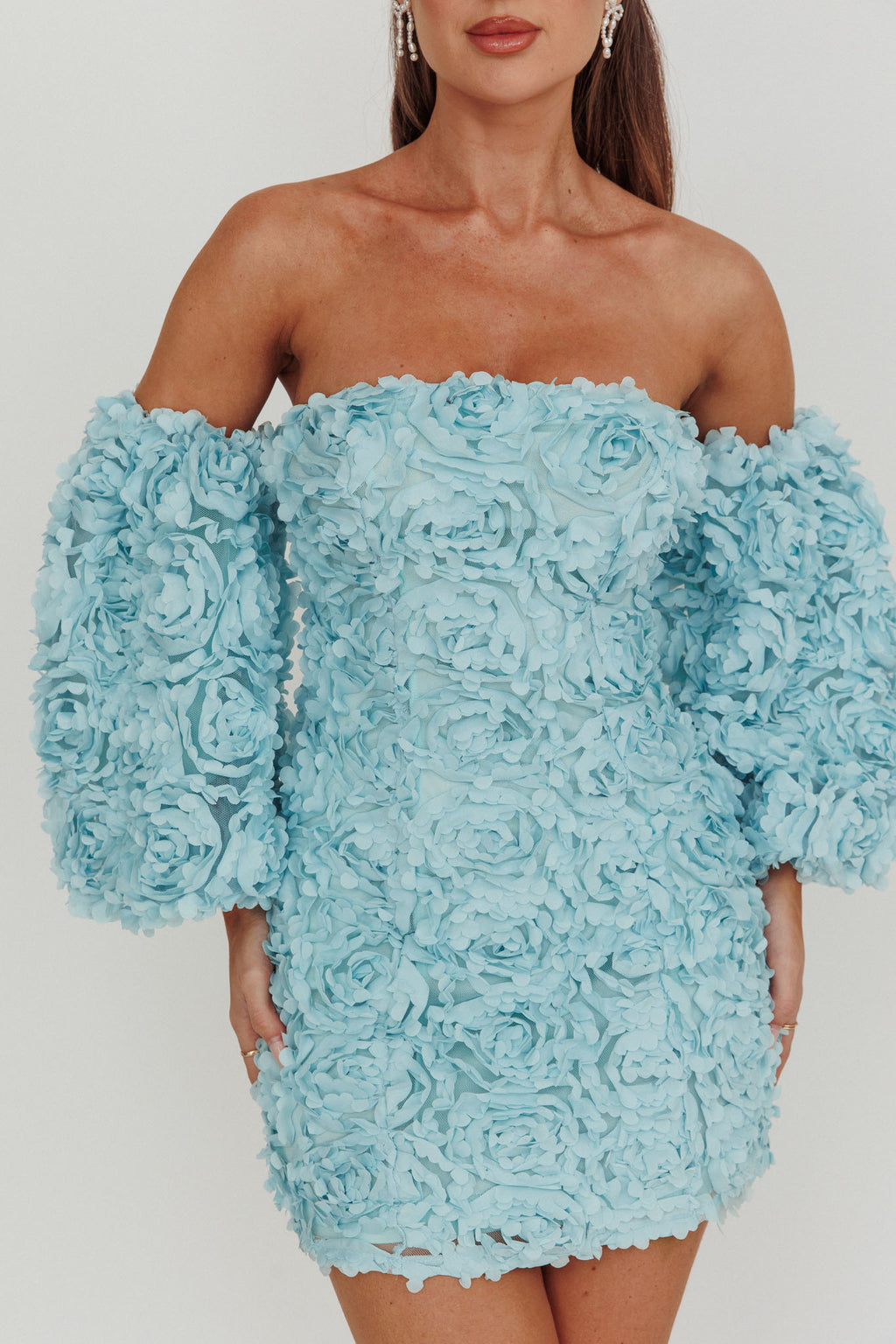 Vive La Rose Off-Shoulder Floral Mini Dress Baby Blue by Selfie Leslie Australia
