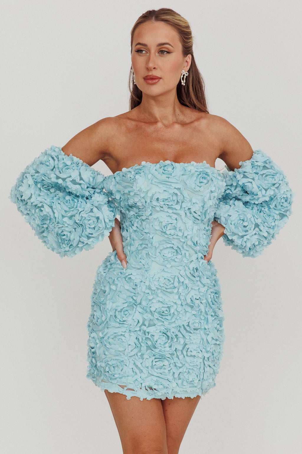Vive La Rose Off-Shoulder Floral Mini Dress Baby Blue by Selfie Leslie Australia
