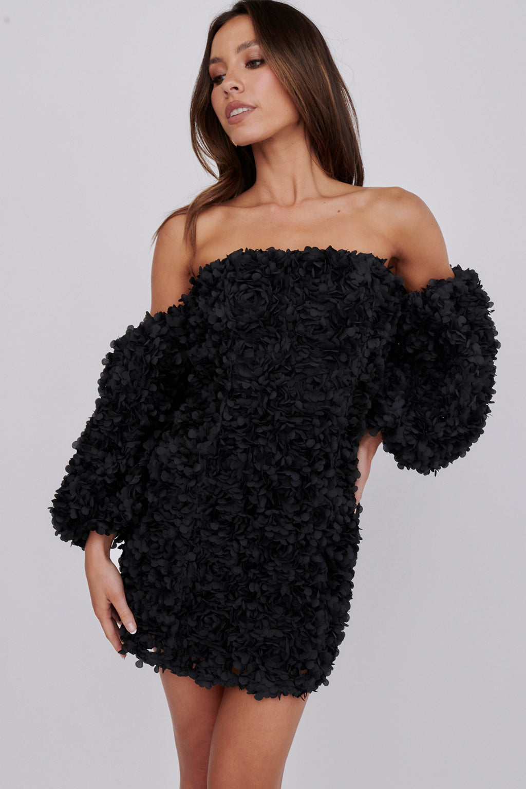 Vive La Rose Off-Shoulder Embellished Mini Dress Black by Selfie Leslie Australia