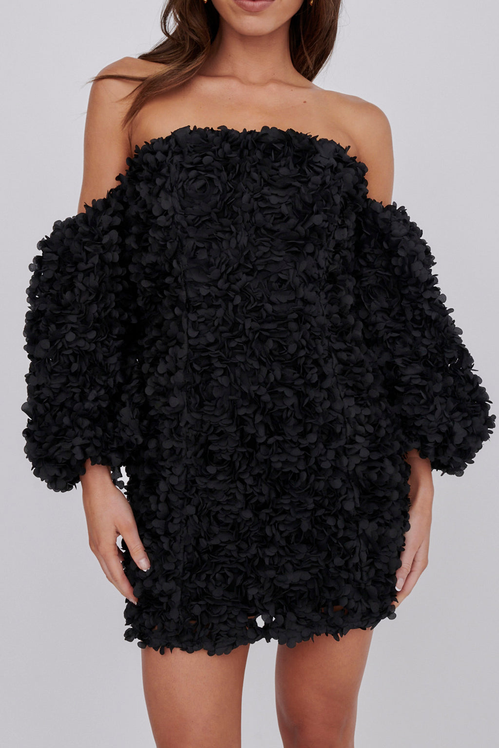 Vive La Rose Off-Shoulder Embellished Mini Dress Black by Selfie Leslie Australia