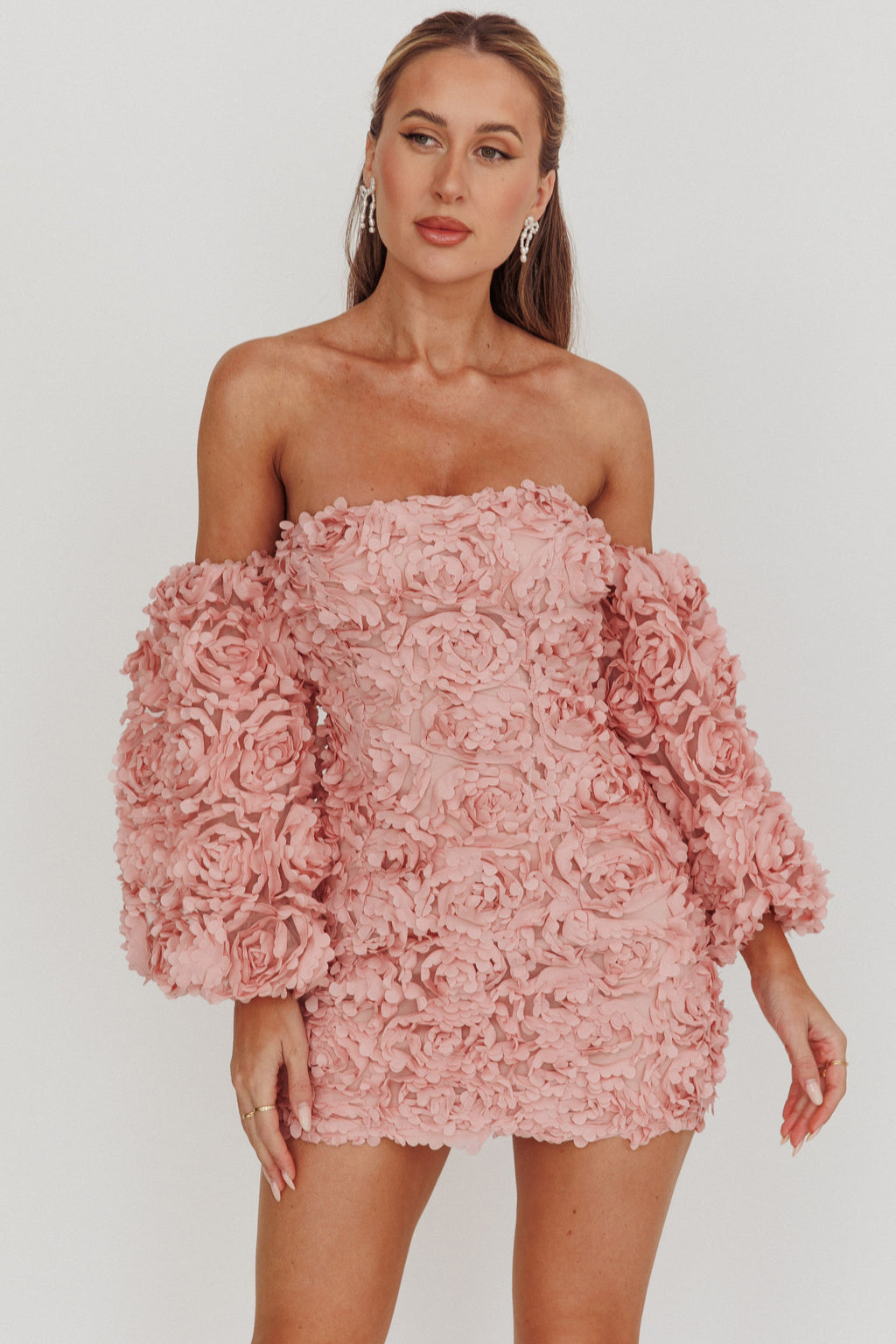 Vive La Rose Off-Shoulder Floral Mini Dress Blush by Selfie Leslie Australia