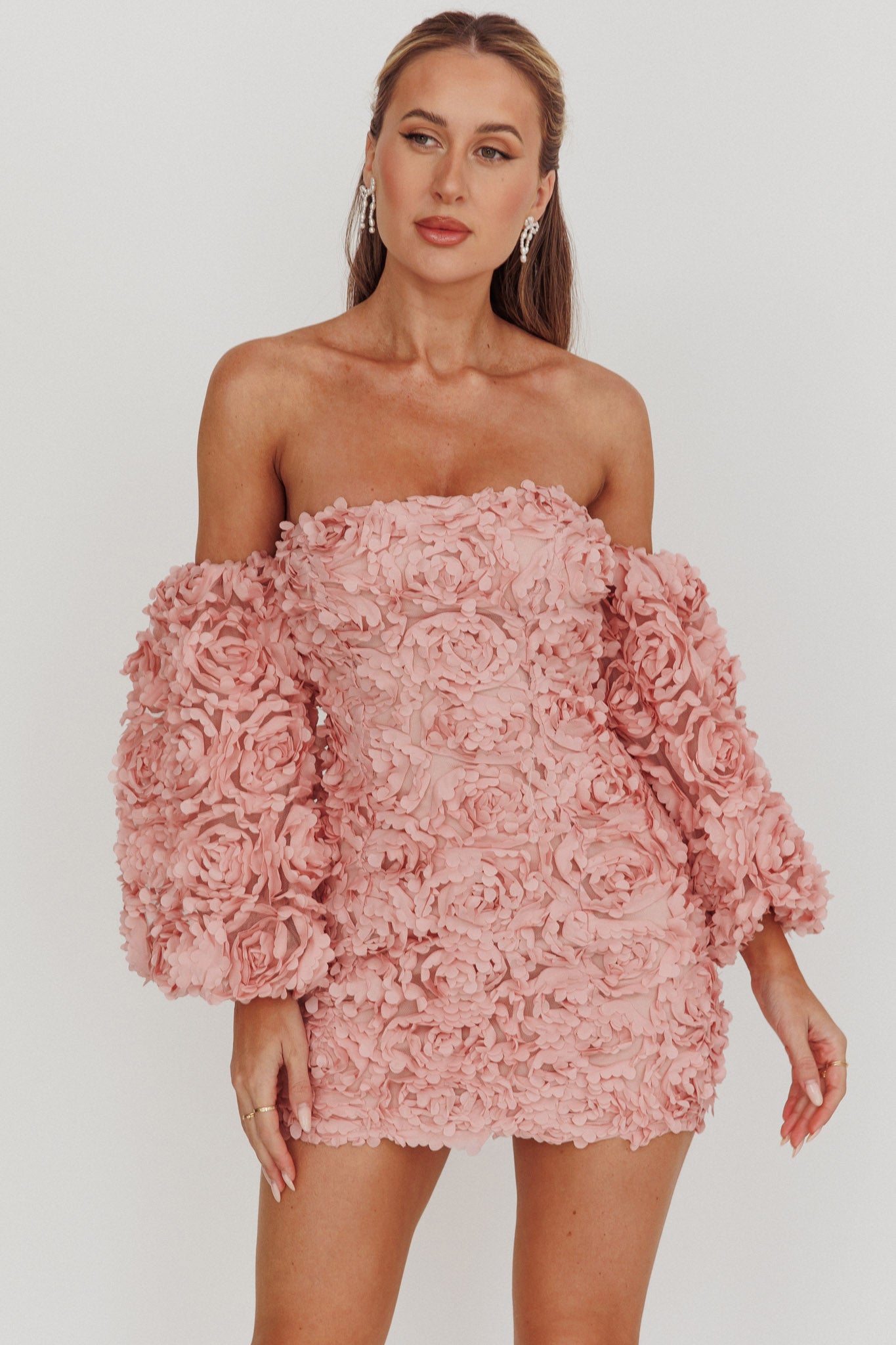 Vive La Rose Off-Shoulder Floral Mini Dress Blush by Selfie Leslie Australia