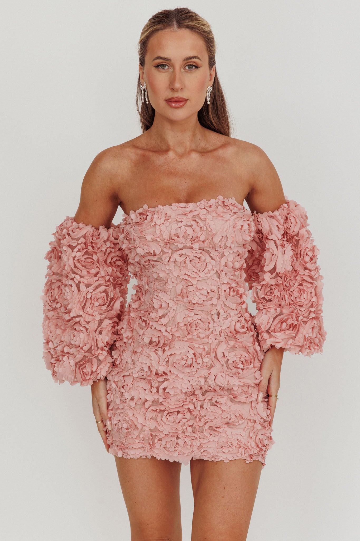 Vive La Rose Off-Shoulder Floral Mini Dress Blush by Selfie Leslie Australia