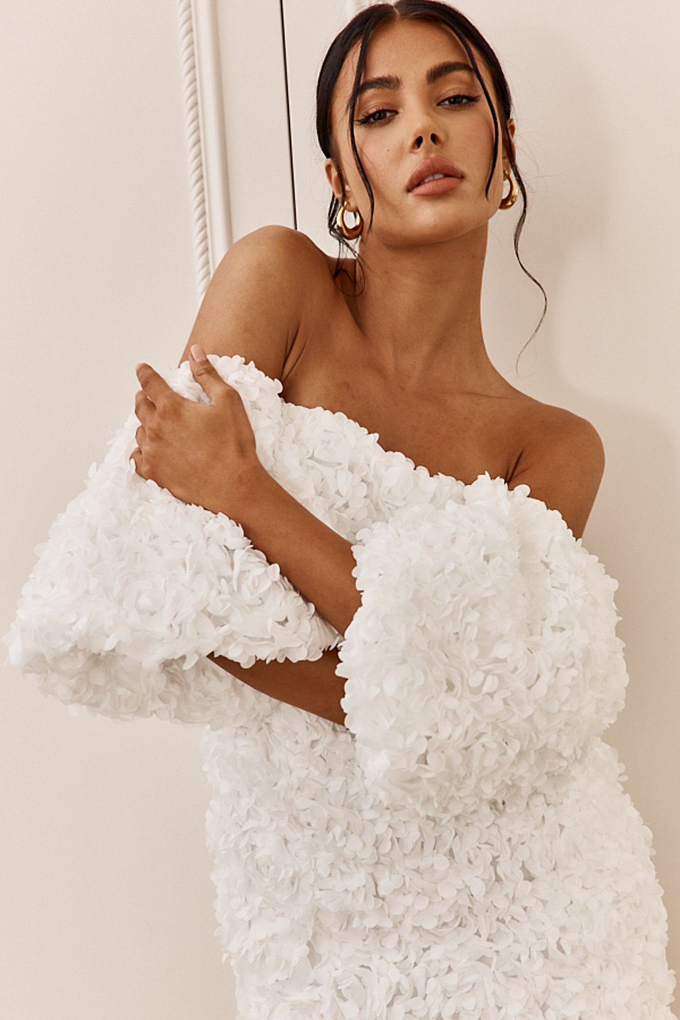 Vive La Rose Off-Shoulder Embellished Mini Dress Off White by Selfie Leslie Australia