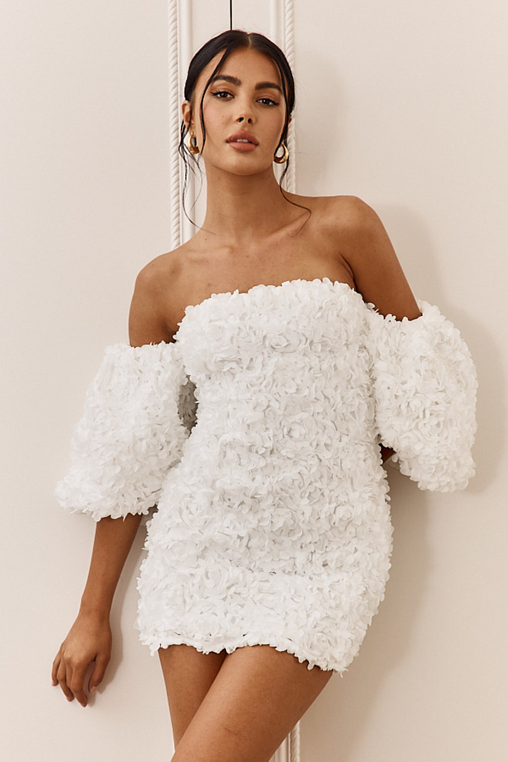 Vive La Rose Off-Shoulder Embellished Mini Dress Off White by Selfie Leslie Australia