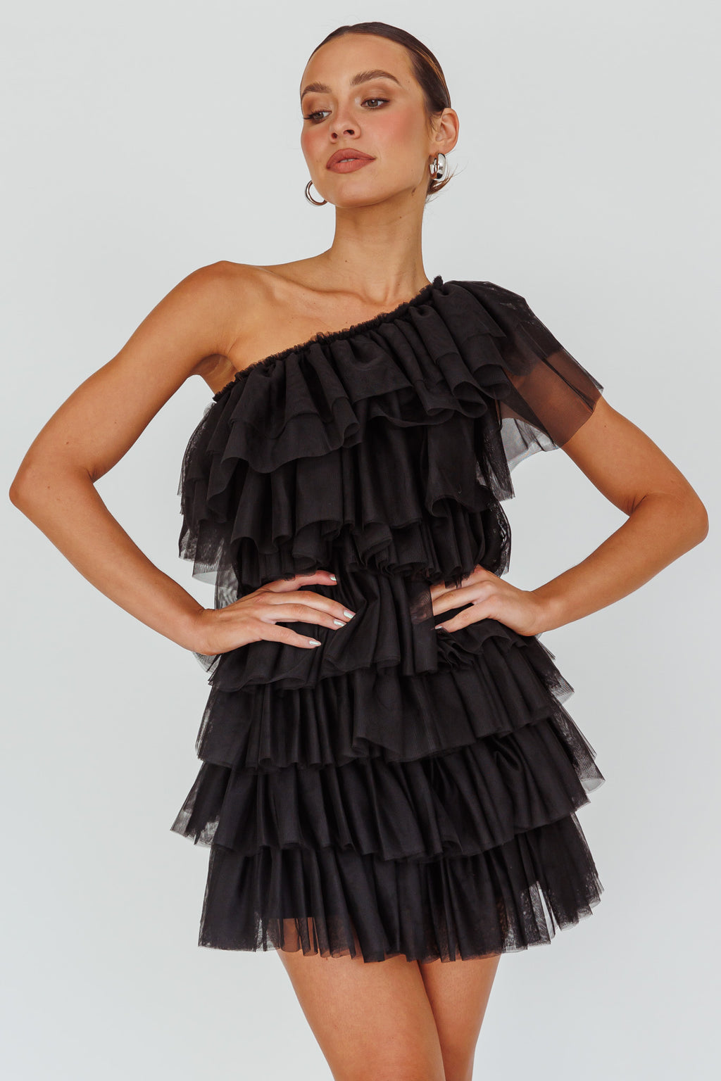 Tomi Layered Frill One-Shoulder Mini Dress Black by Selfie Leslie Australia