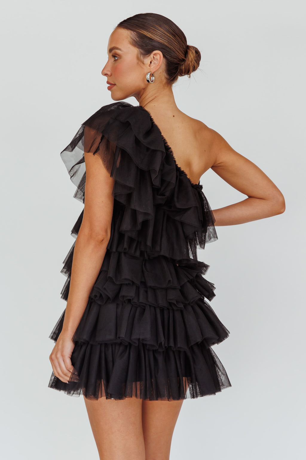 Tomi Layered Frill One-Shoulder Mini Dress Black by Selfie Leslie Australia