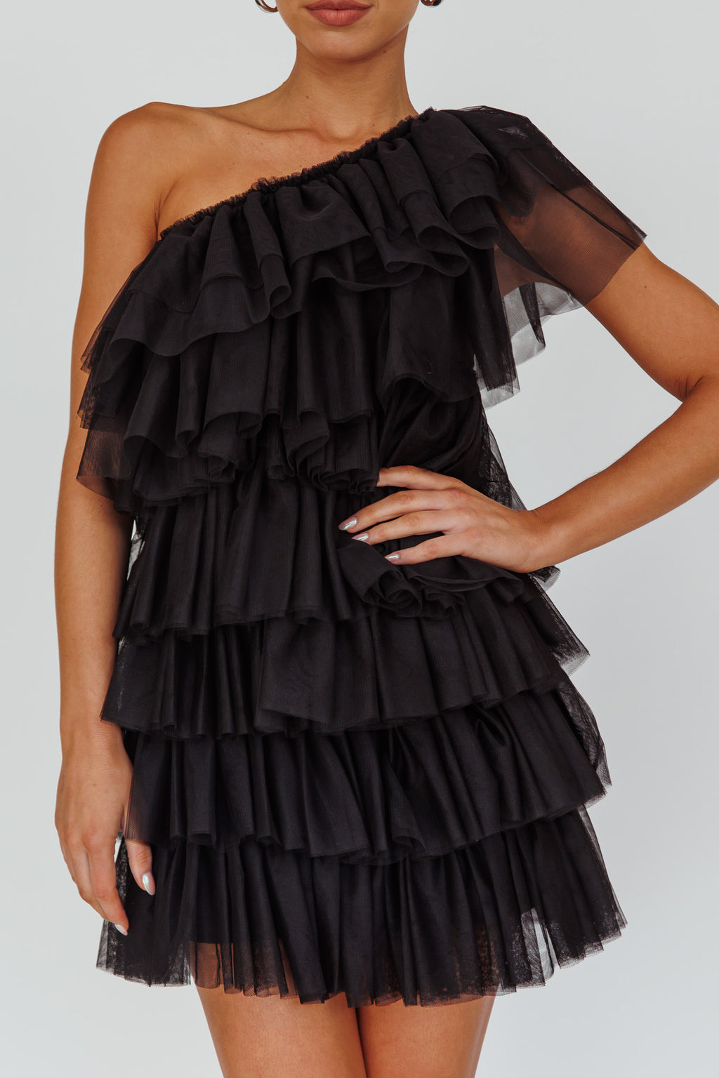 Tomi Layered Frill One-Shoulder Mini Dress Black by Selfie Leslie Australia