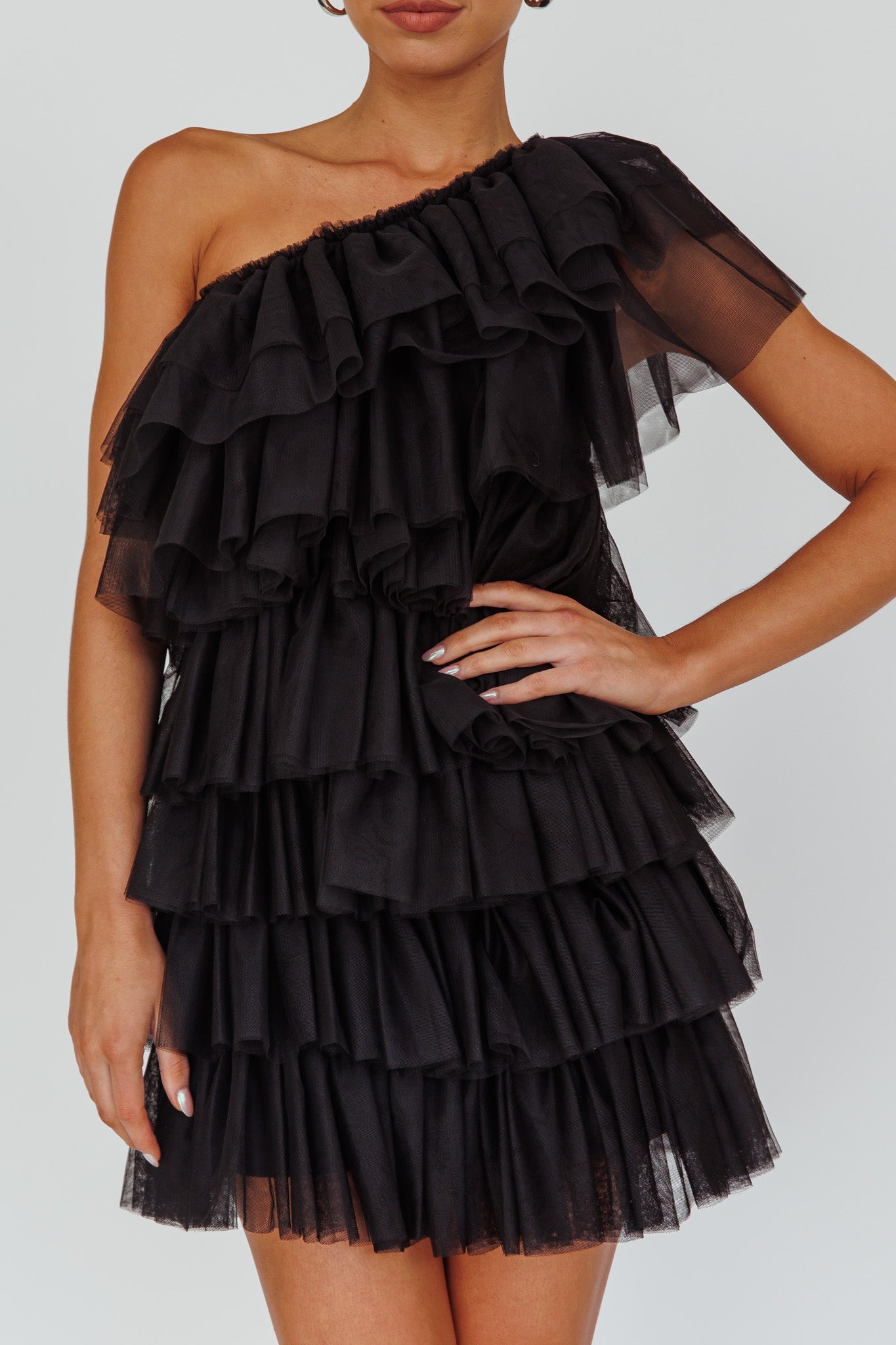 Tomi Layered Frill One-Shoulder Mini Dress Black by Selfie Leslie Australia