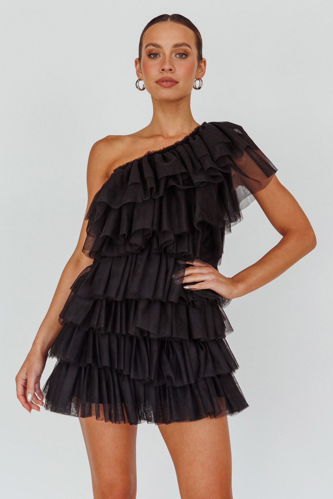 Tomi Layered Frill One-Shoulder Mini Dress Black by Selfie Leslie Australia