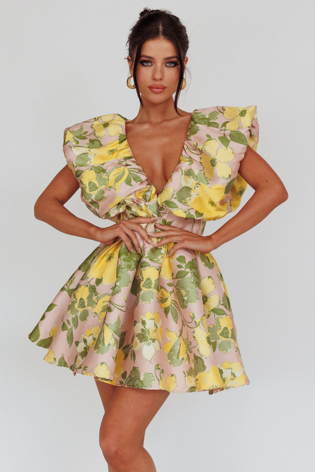 Bennet Puffed Neckline Mini Dress Floral Pink/Yellow by Selfie Leslie Australia