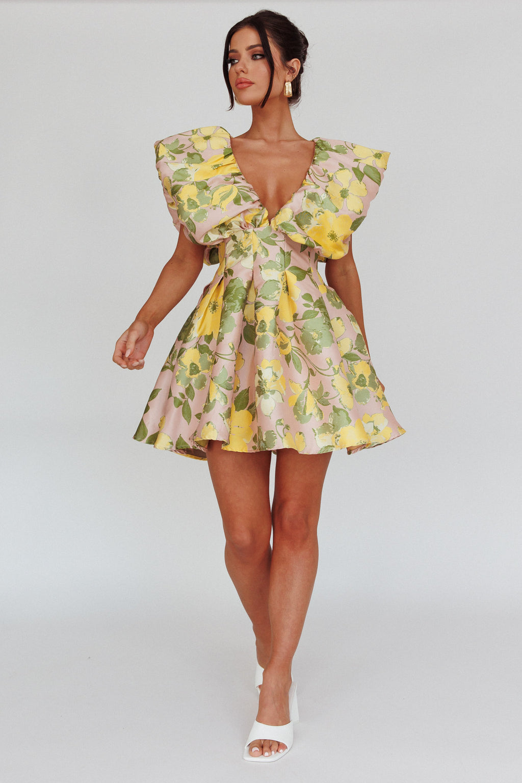 Bennet Puffed Neckline Mini Dress Floral Pink/Yellow by Selfie Leslie Australia