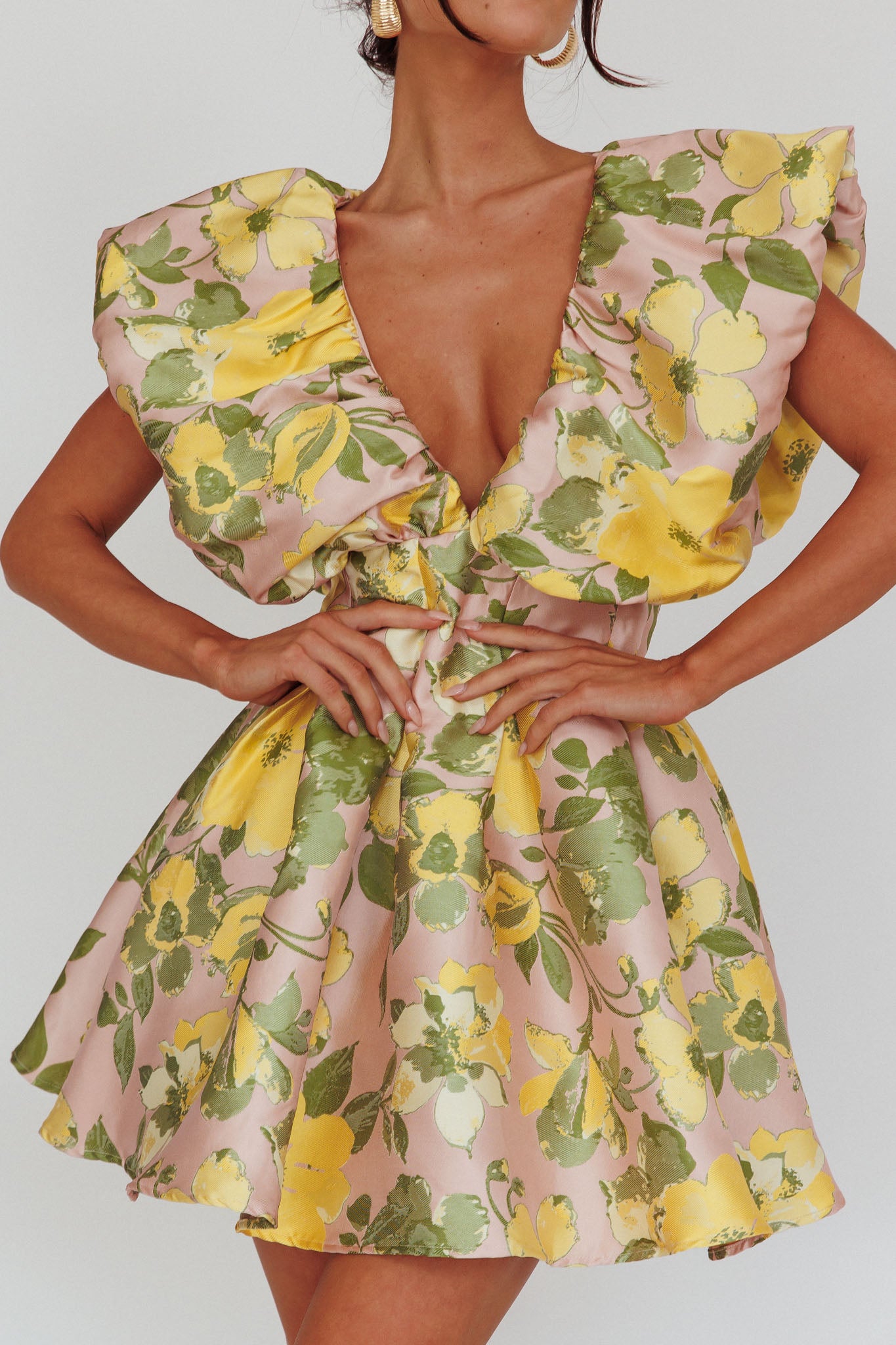 Bennet Puffed Neckline Mini Dress Floral Pink/Yellow by Selfie Leslie Australia