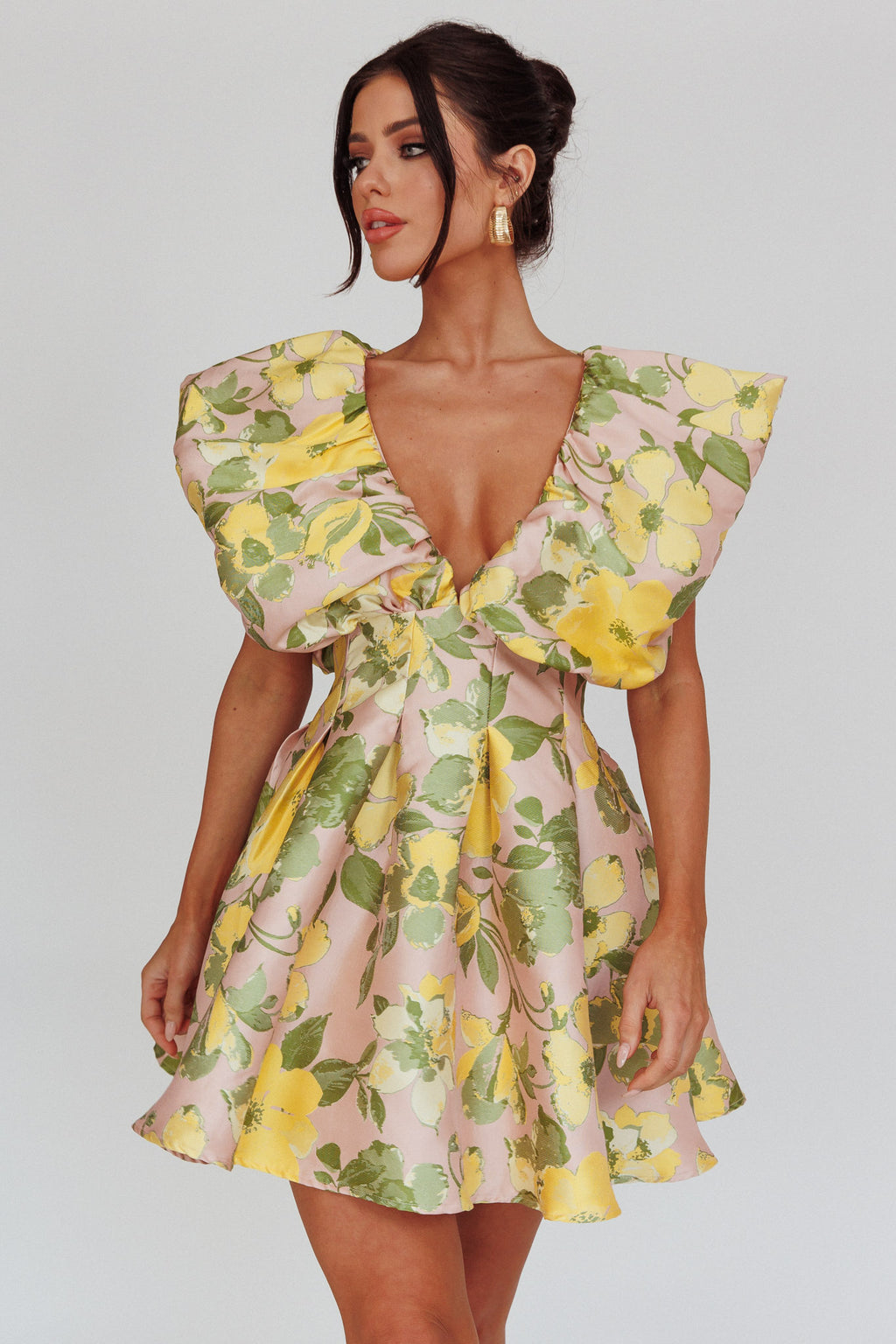 Bennet Puffed Neckline Mini Dress Floral Pink/Yellow by Selfie Leslie Australia