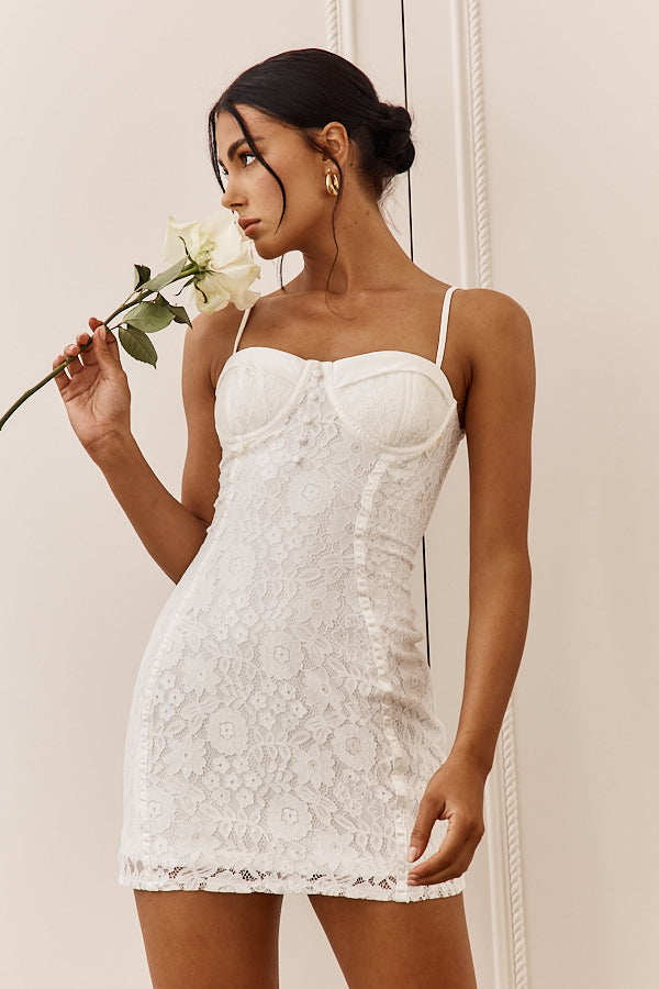 Take A Risk Lace Satin Trim Mini Dress White by Selfie Leslie Australia