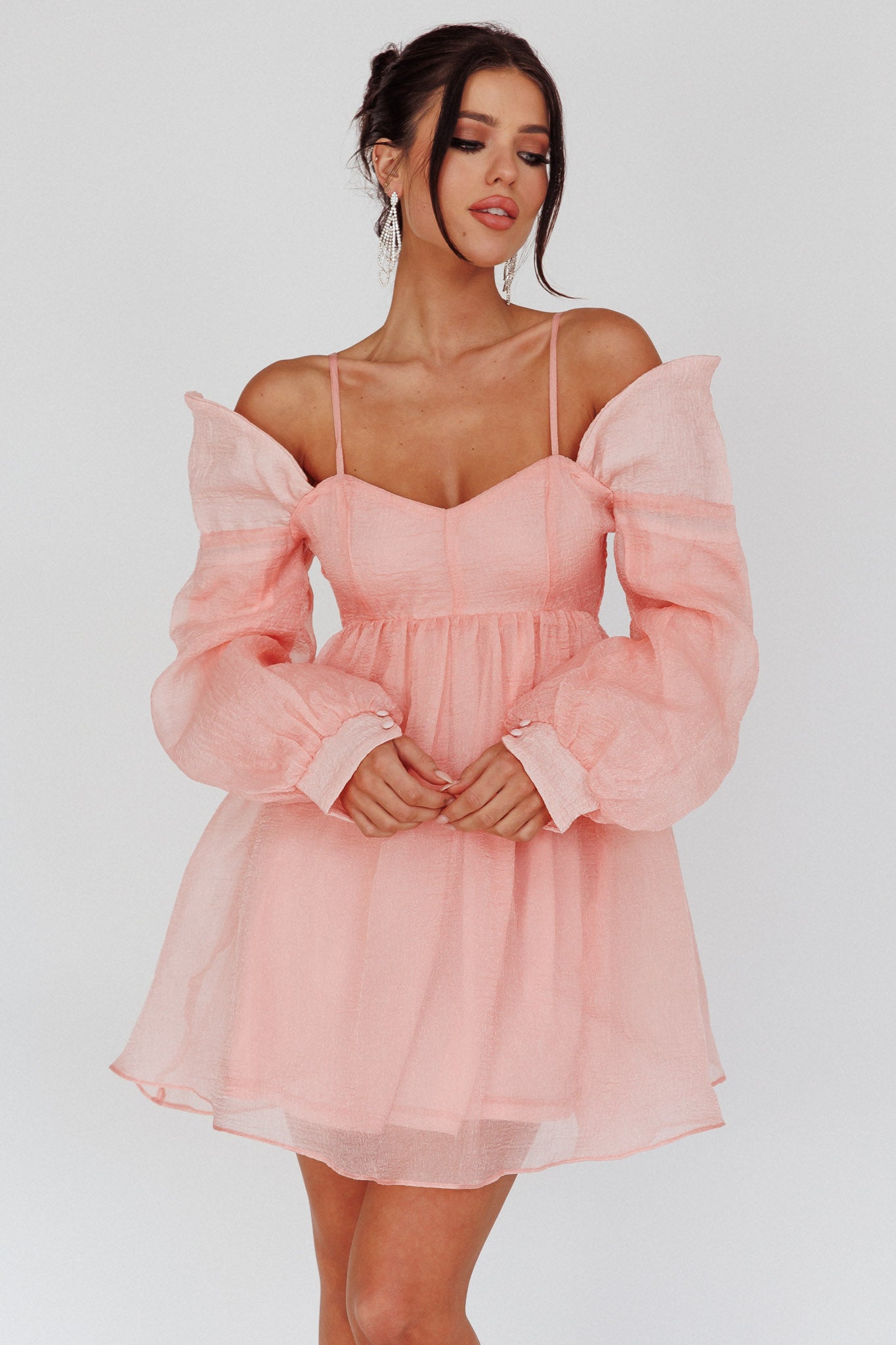 Yasi Long Sleeve Babydoll Mini Dress Peach by Selfie Leslie Australia