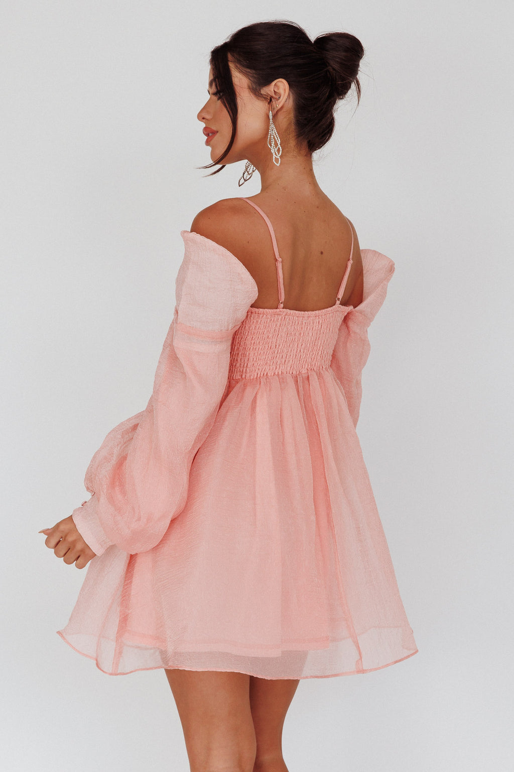 Yasi Long Sleeve Babydoll Mini Dress Peach by Selfie Leslie Australia