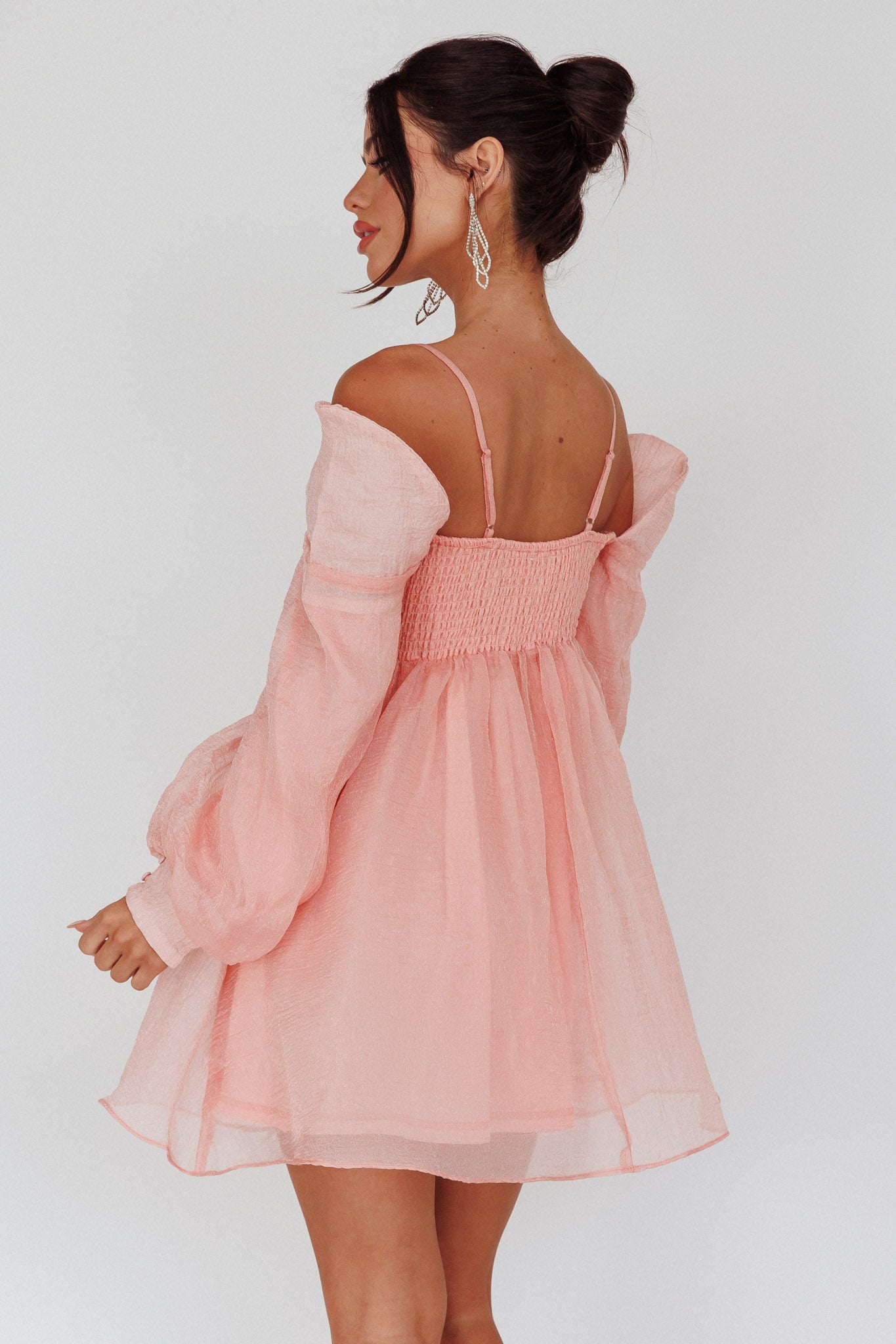 Yasi Long Sleeve Babydoll Mini Dress Peach by Selfie Leslie Australia