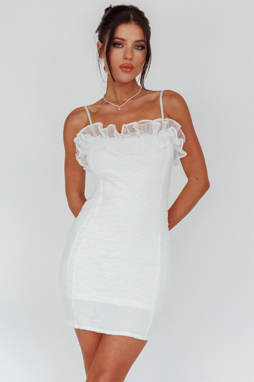 For The Frills Tulle Neckline Mini Dress Off White by Selfie Leslie Australia