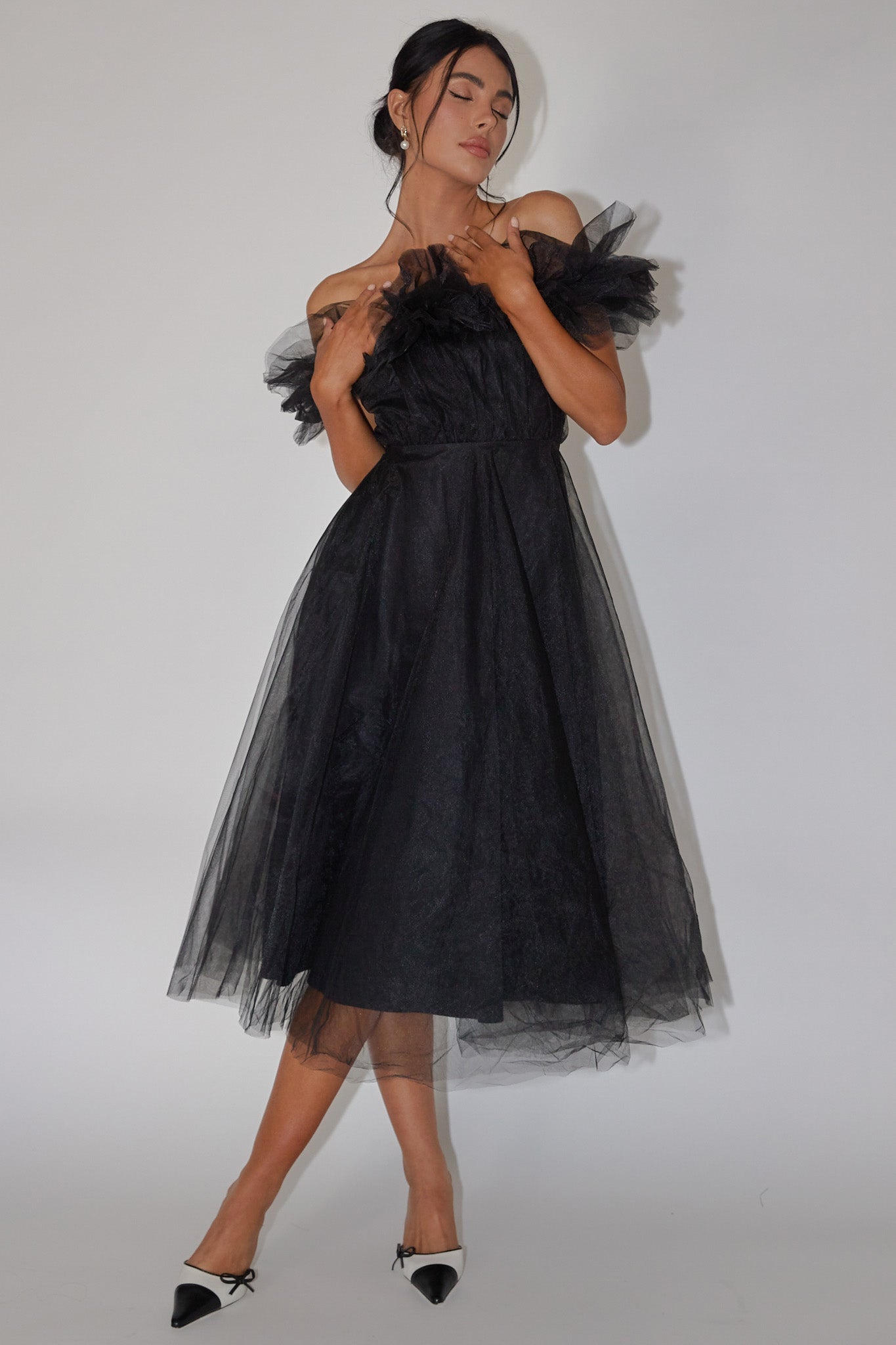 May Rose Off-Shoulder Tulle Midi Dress Black by Selfie Leslie Australia