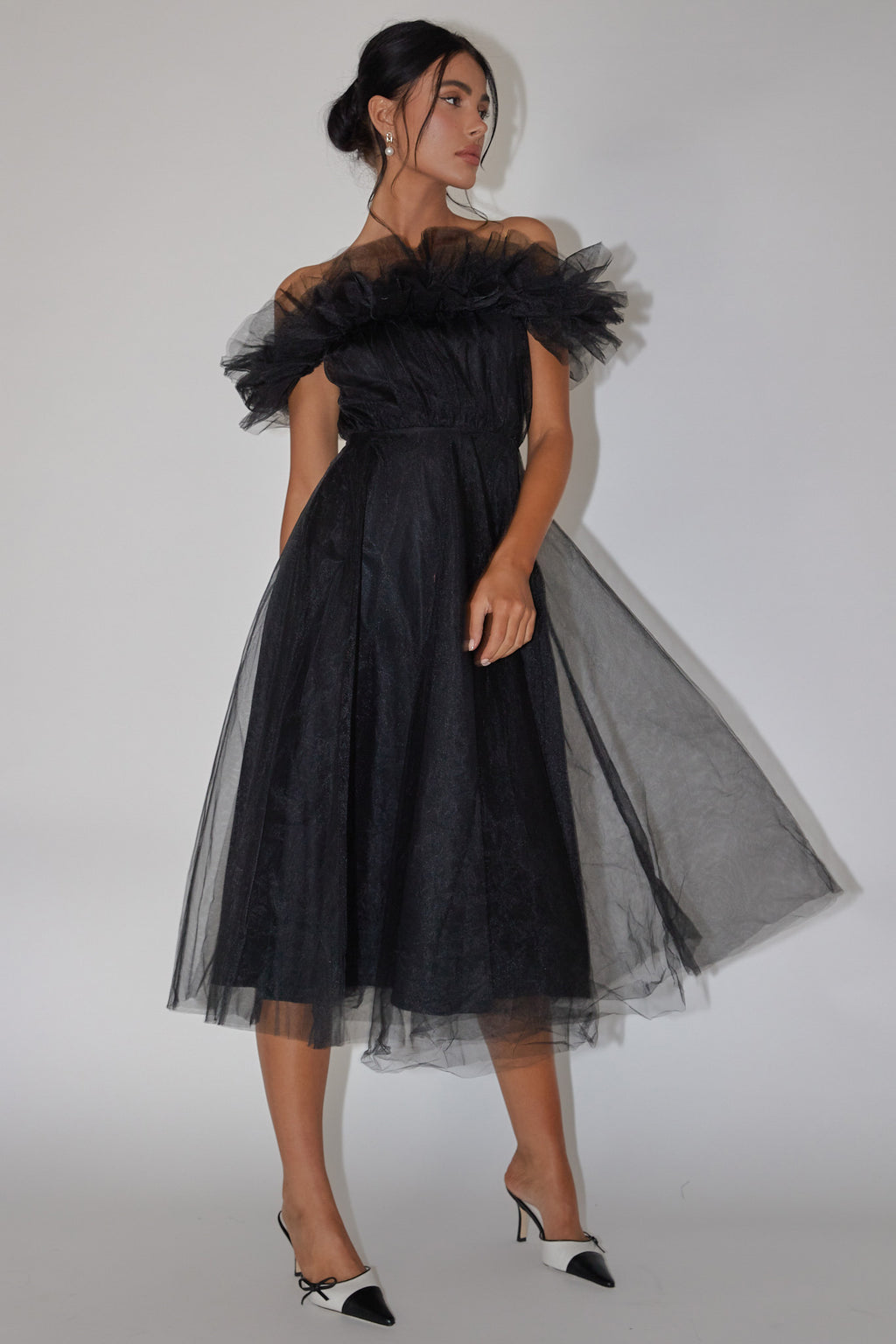 May Rose Off-Shoulder Tulle Midi Dress Black by Selfie Leslie Australia