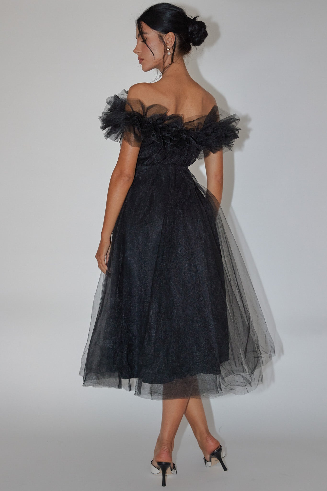 May Rose Off-Shoulder Tulle Midi Dress Black by Selfie Leslie Australia