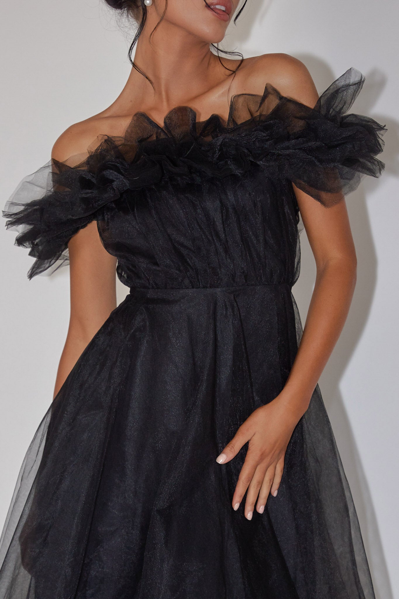 May Rose Off-Shoulder Tulle Midi Dress Black by Selfie Leslie Australia