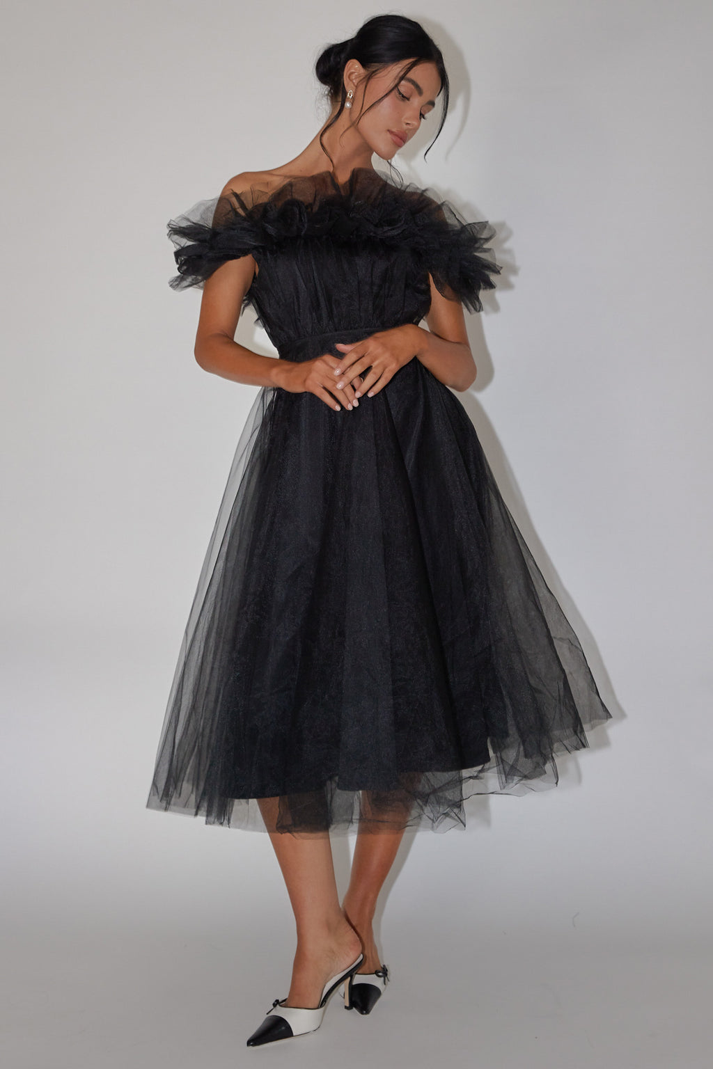 May Rose Off-Shoulder Tulle Midi Dress Black by Selfie Leslie Australia