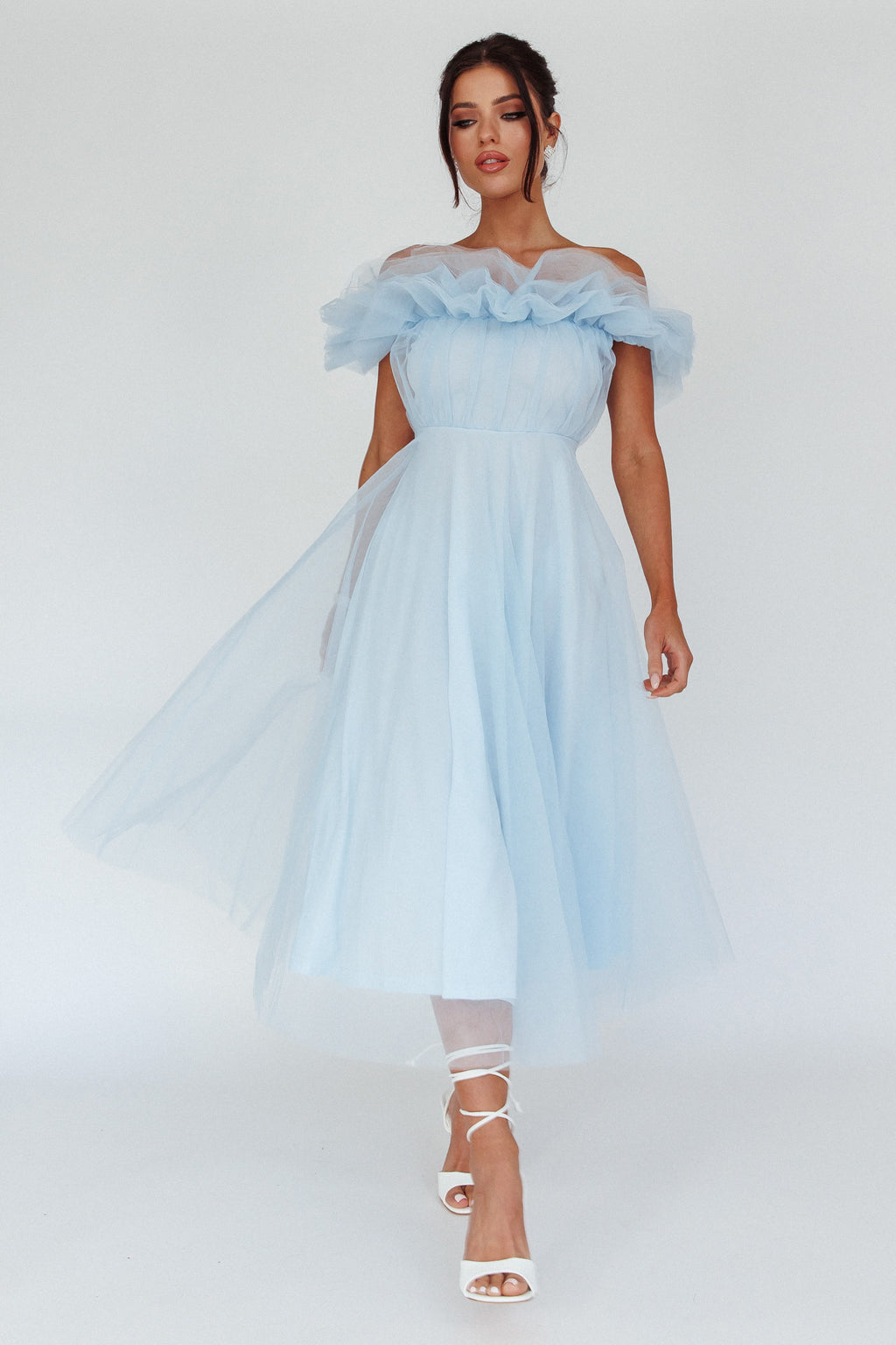 May Rose Off-Shoulder Tulle Midi Dress Light Blue by Selfie Leslie Australia