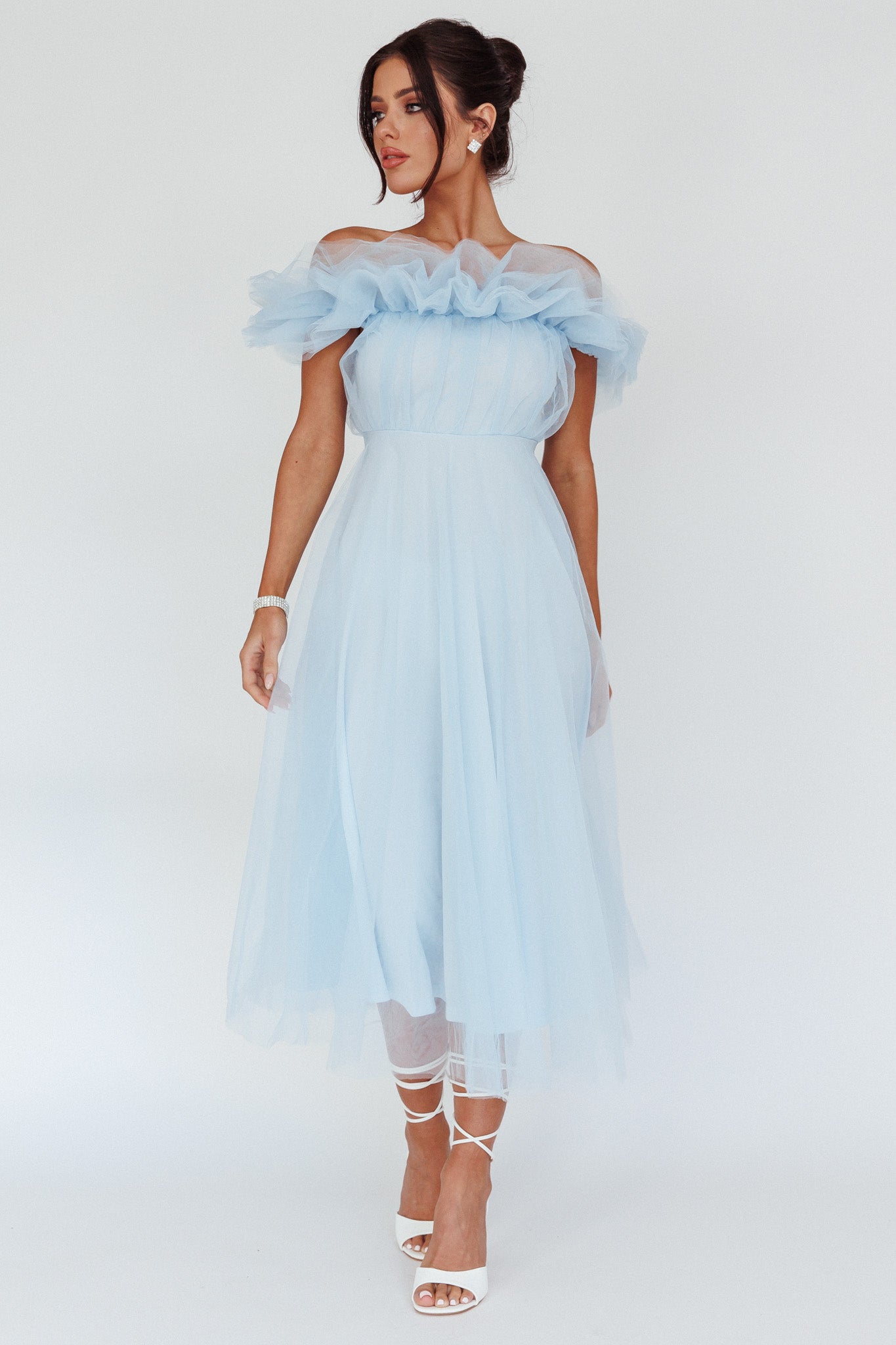 May Rose Off-Shoulder Tulle Midi Dress Light Blue by Selfie Leslie Australia