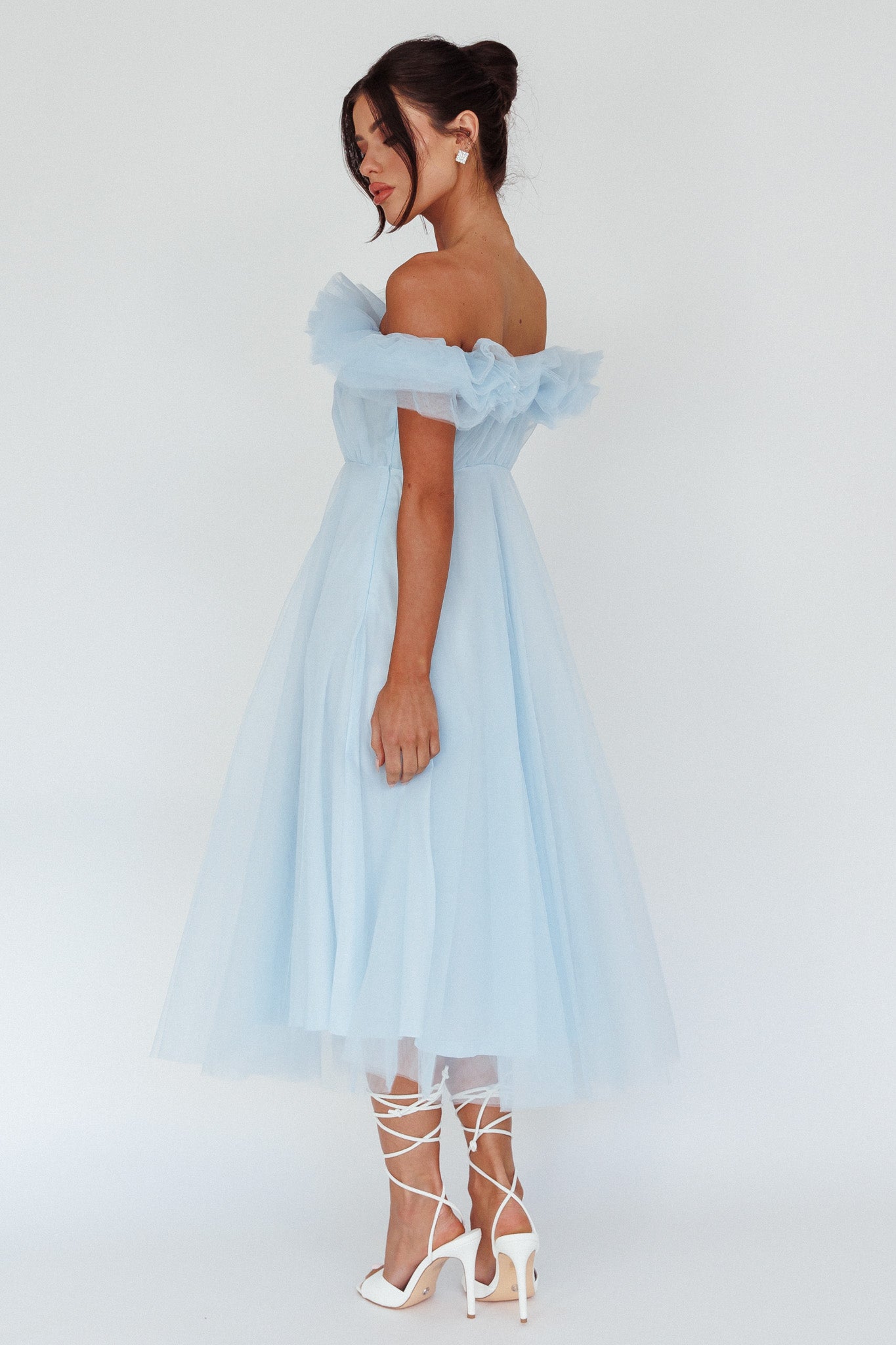 May Rose Off-Shoulder Tulle Midi Dress Light Blue by Selfie Leslie Australia