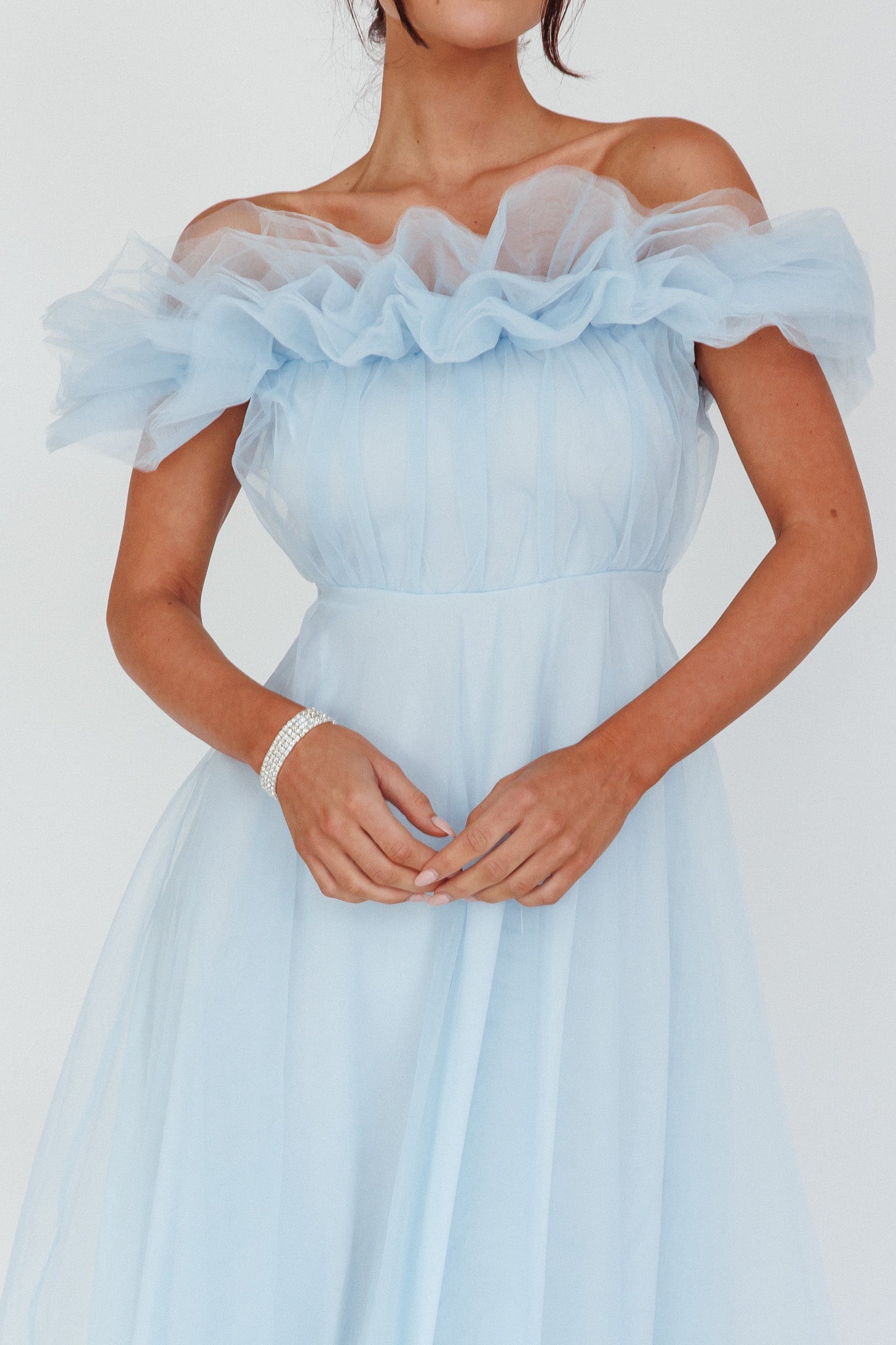 May Rose Off-Shoulder Tulle Midi Dress Light Blue by Selfie Leslie Australia