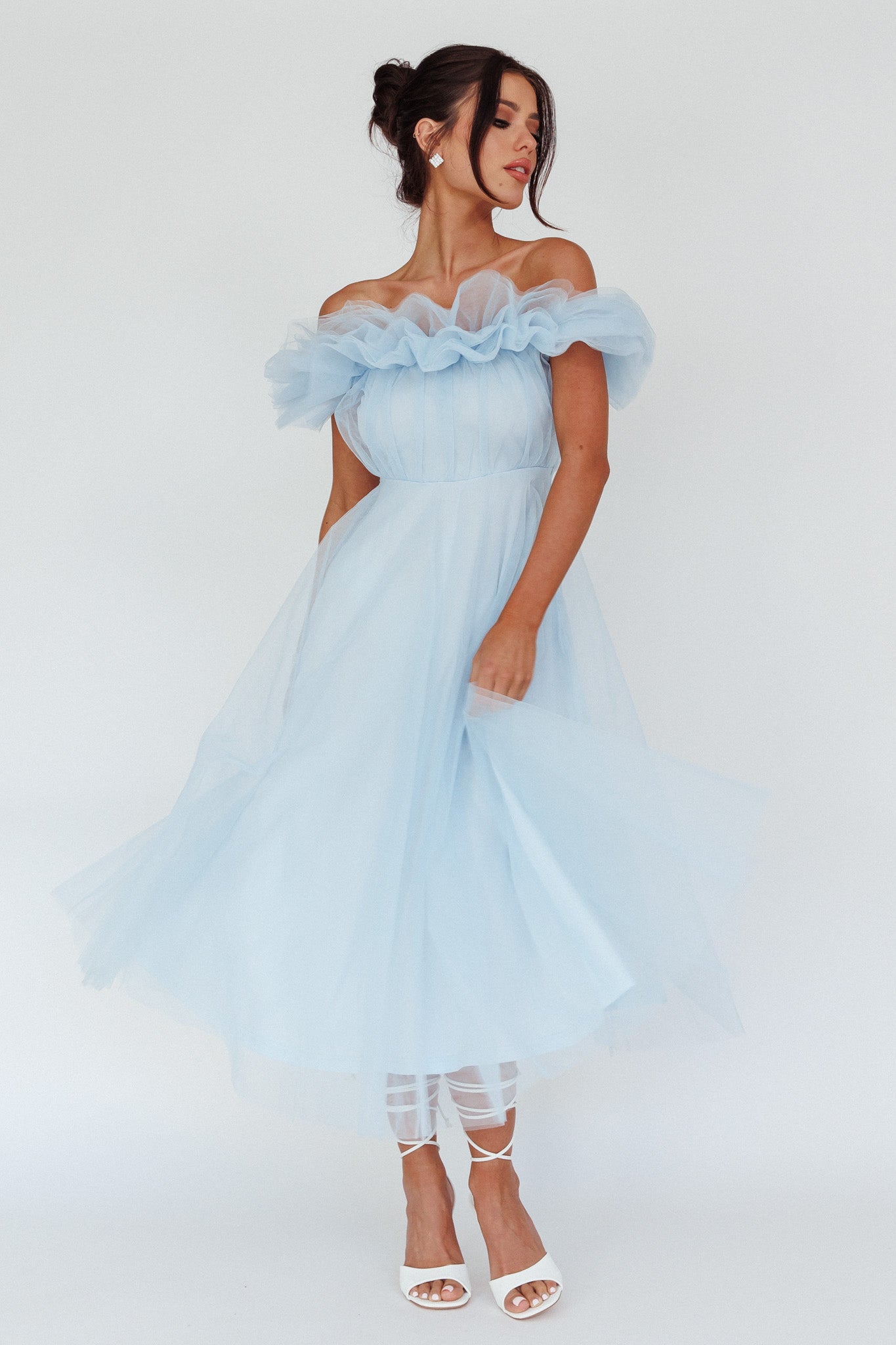 May Rose Off-Shoulder Tulle Midi Dress Light Blue by Selfie Leslie Australia
