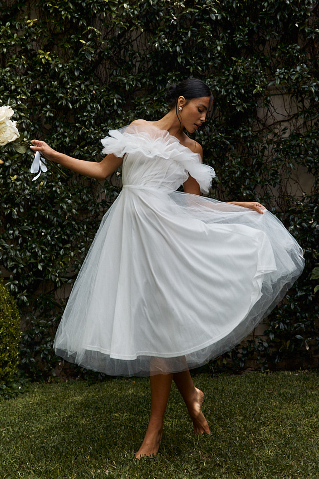 May Rose Off-Shoulder Tulle Midi Dress Off White by Selfie Leslie Australia
