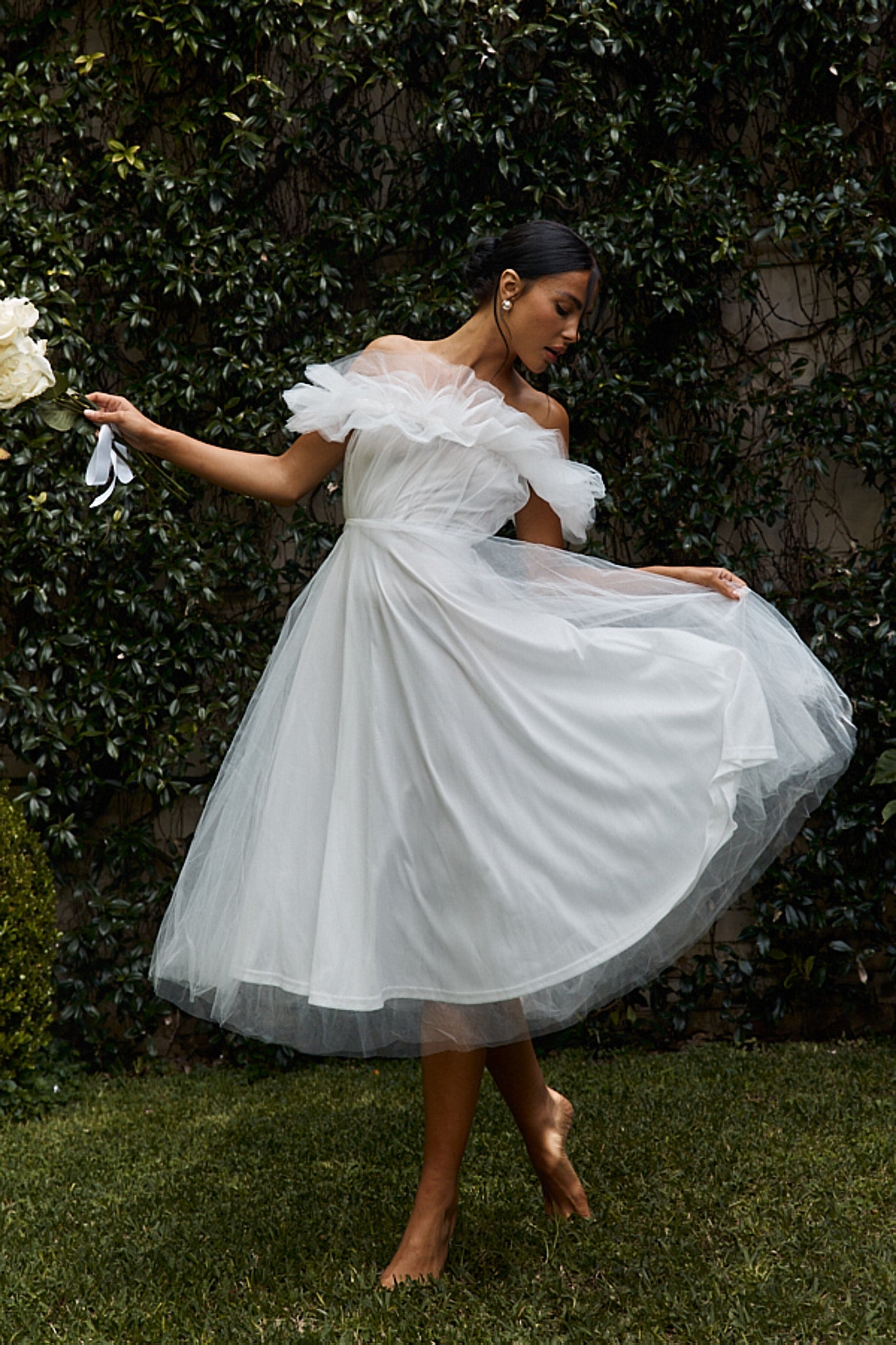 May Rose Off-Shoulder Tulle Midi Dress Off White by Selfie Leslie Australia