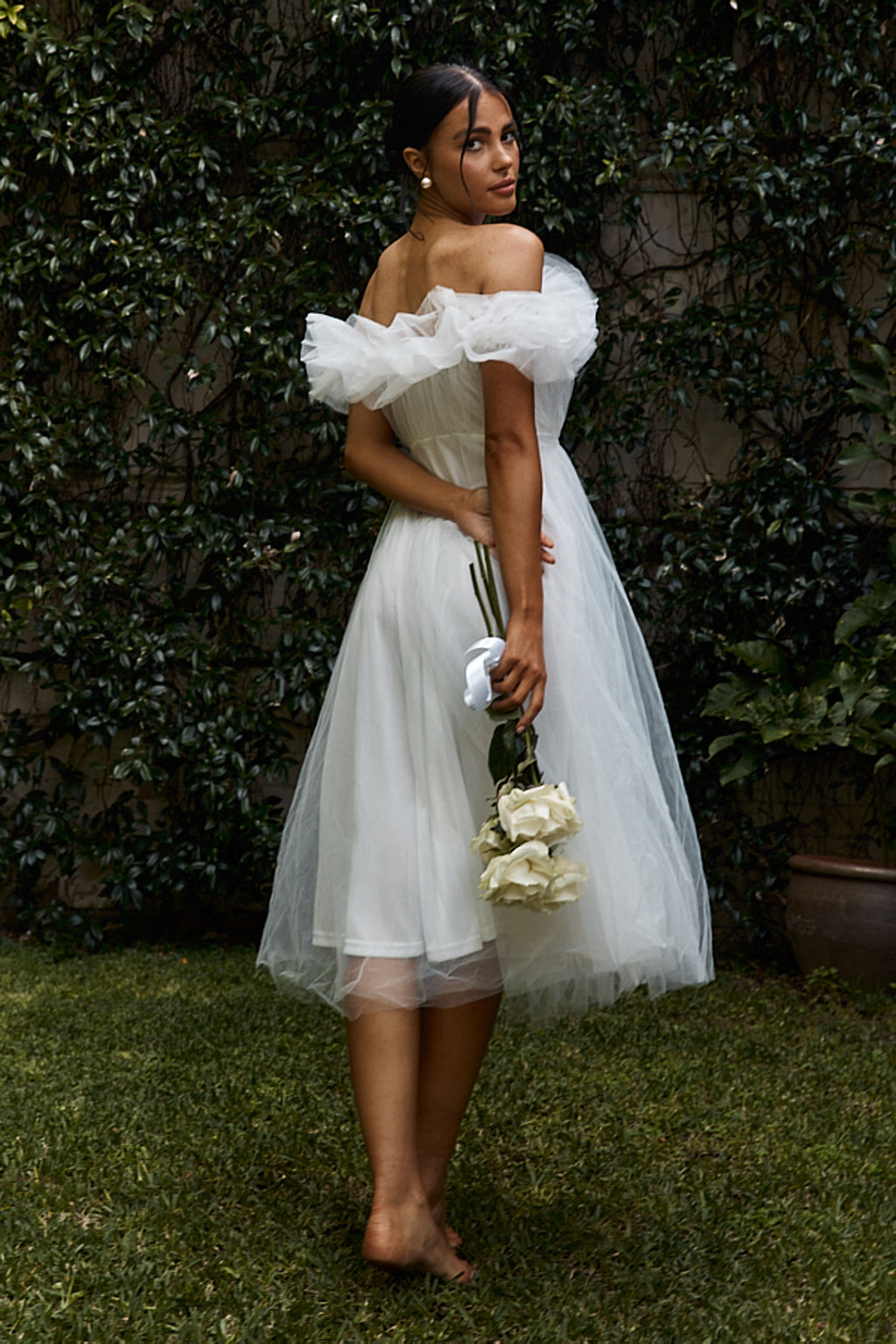 May Rose Off-Shoulder Tulle Midi Dress Off White by Selfie Leslie Australia