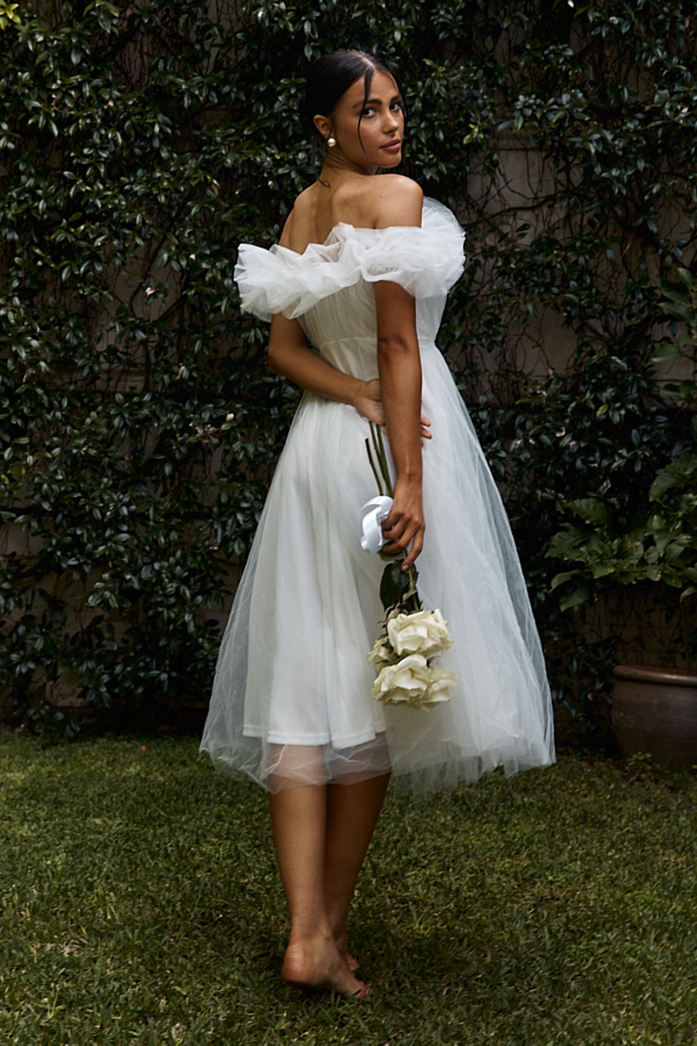 May Rose Off-Shoulder Tulle Midi Dress Off White by Selfie Leslie Australia